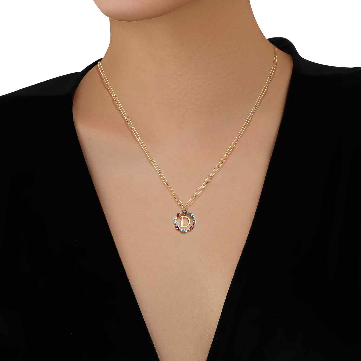Letter D Colored Stones Necklace in 18K Gold - 2 Letter D Colored Stones Necklace in 18K Gold - 2