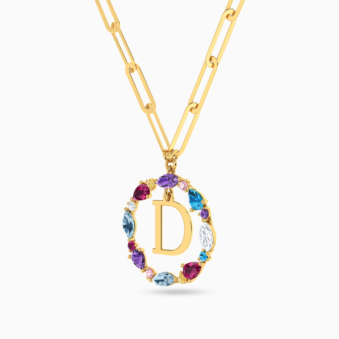 Letter D Colored Stones Necklace in 18K Gold - 3 Letter D Colored Stones Necklace in 18K Gold - 3