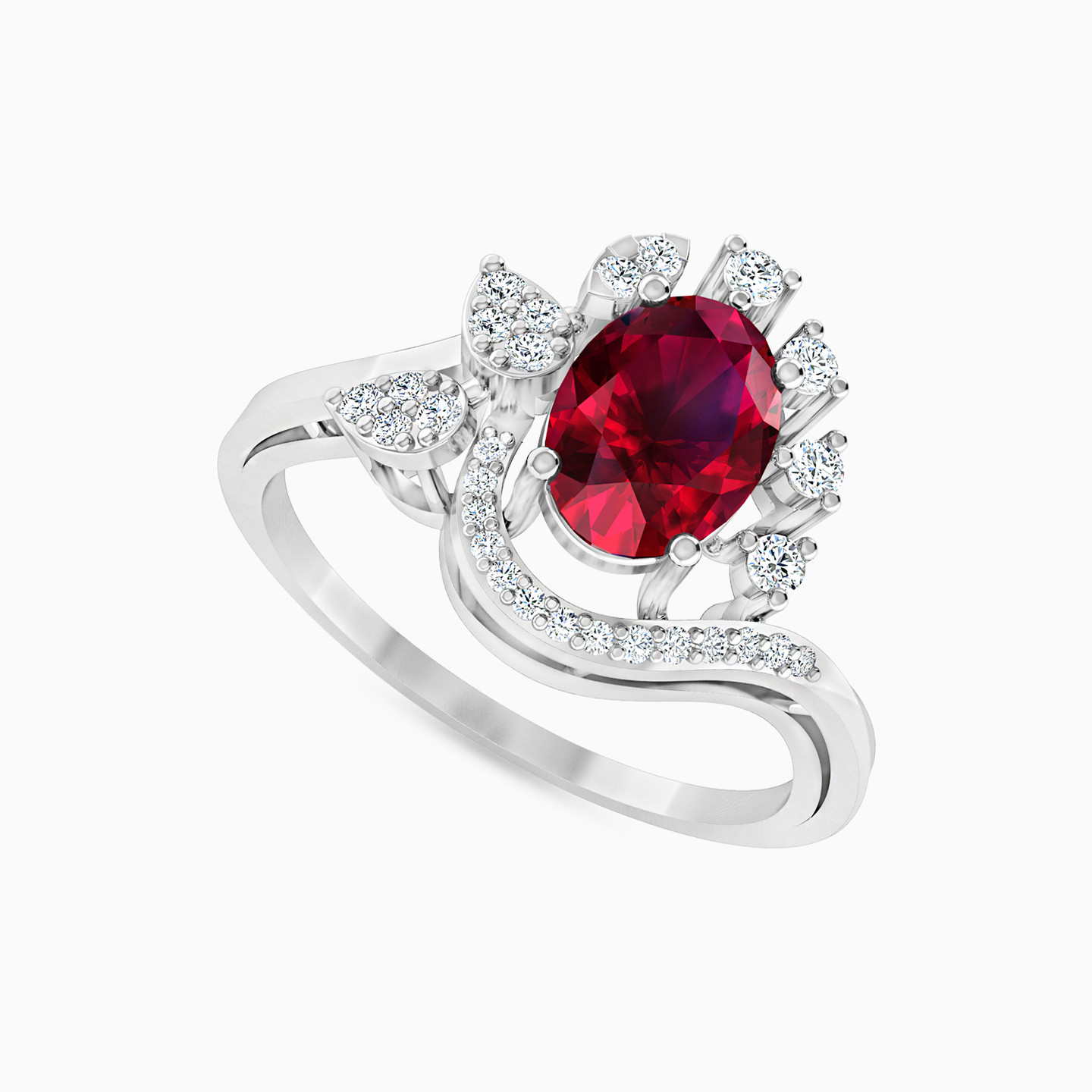 Oval Diamond & Red Stone Ring in 18K Gold - 2 Oval Diamond & Red Stone Ring in 18K Gold - 2