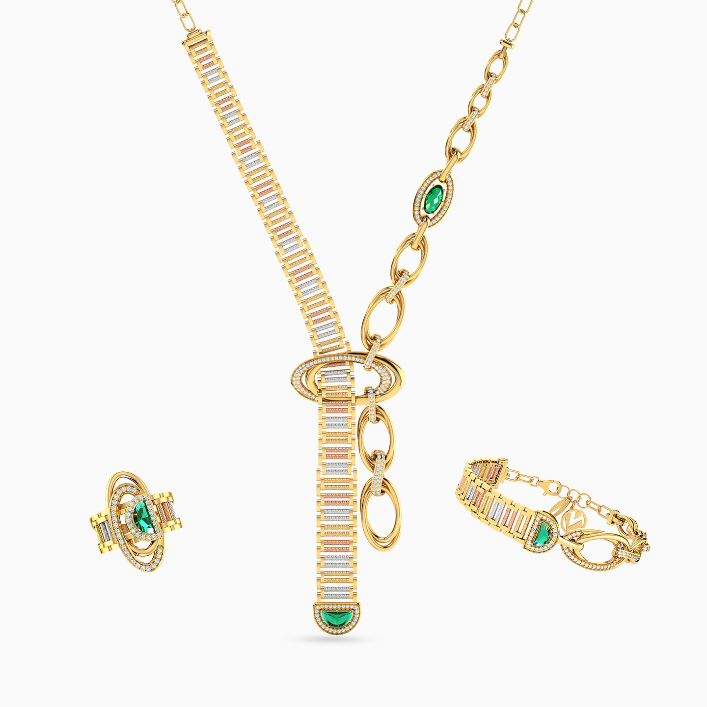 18K Gold Colored Stones Jewelry Set - 3 Pieces