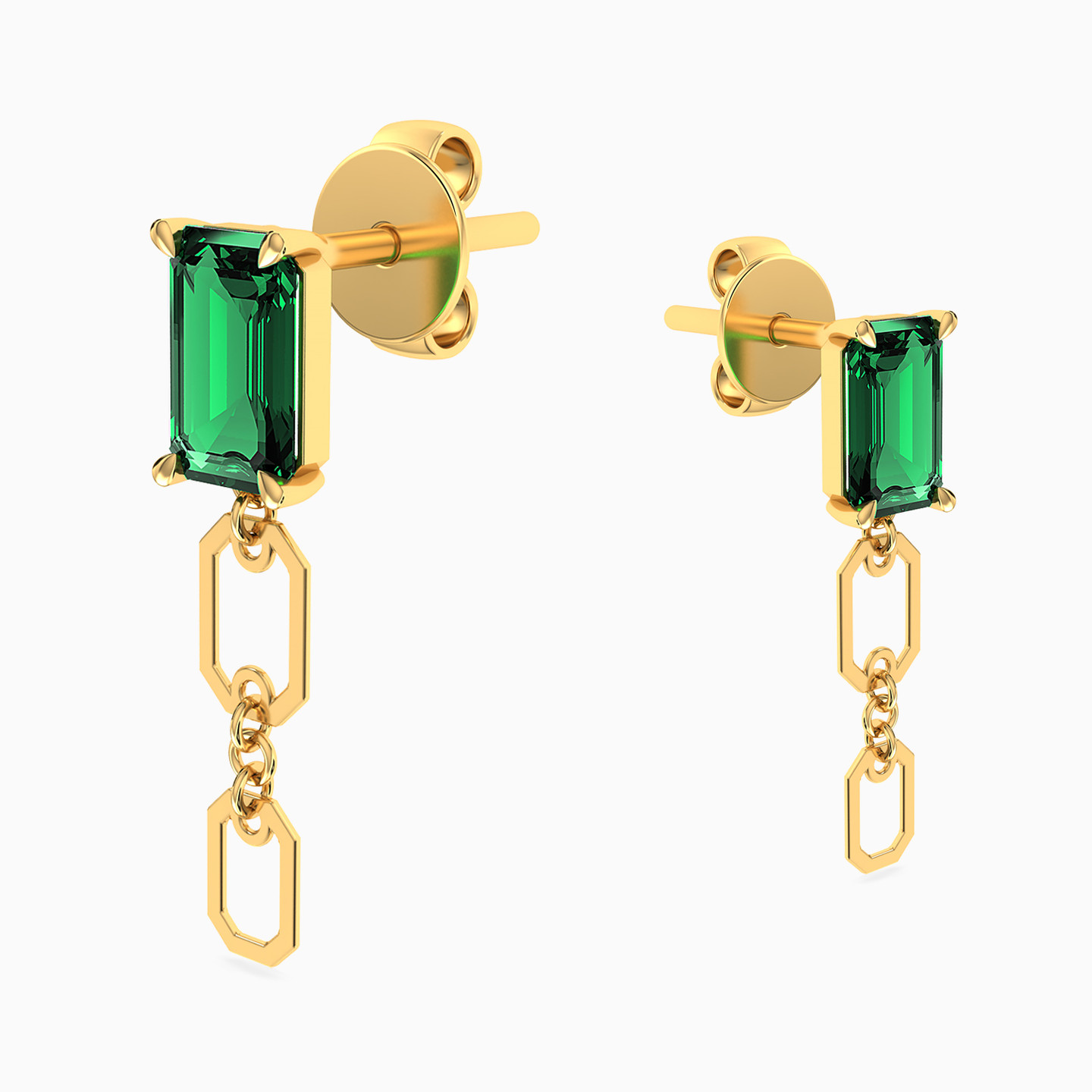 Baguette Green Stones Drop Earrings In 14K Gold - 3 Baguette Green Stones Drop Earrings In 14K Gold - 3