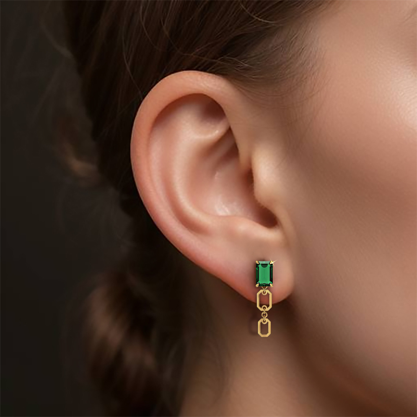 Baguette Green Stones Drop Earrings In 14K Gold - 4 Baguette Green Stones Drop Earrings In 14K Gold - 4