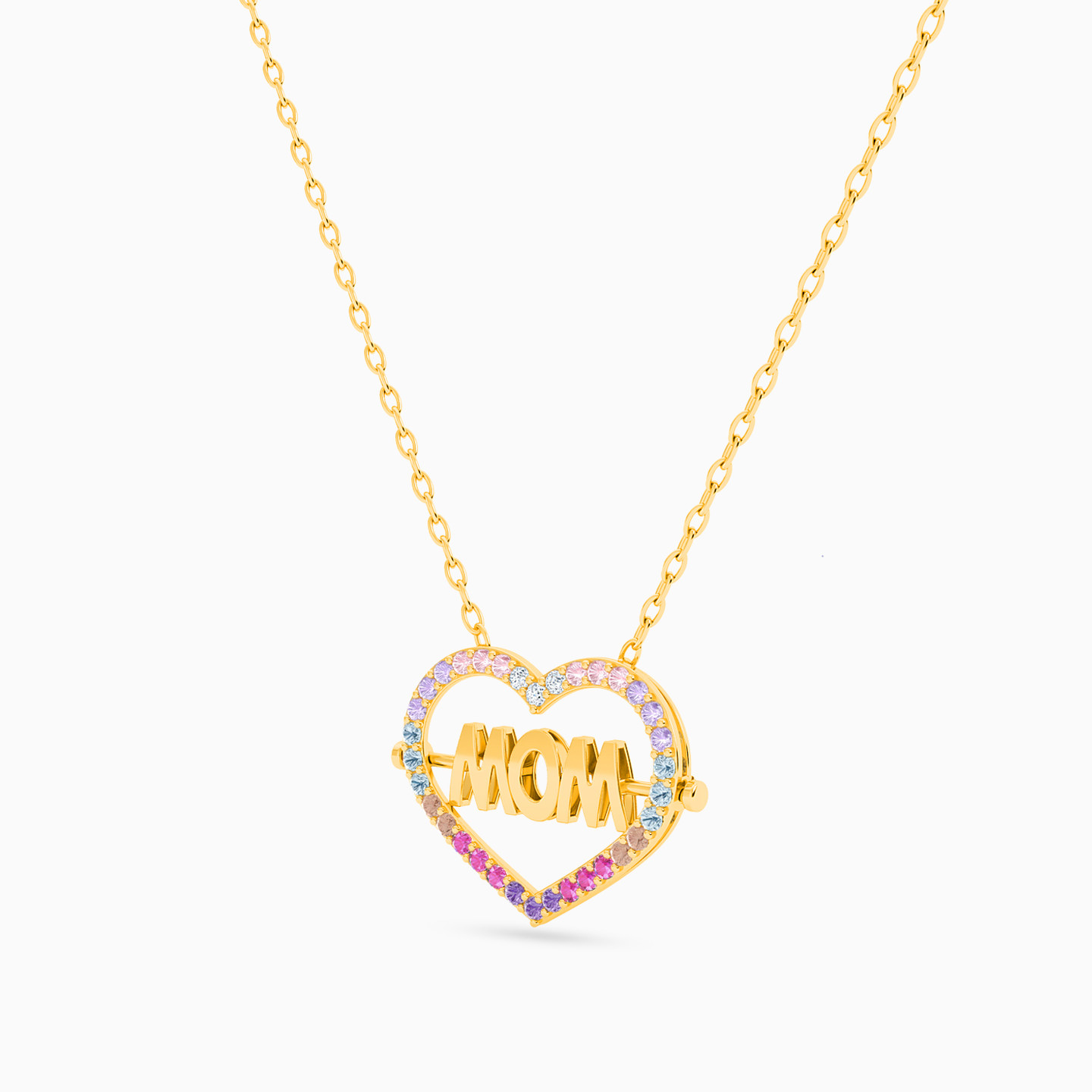 Mom Heart Colored Stones Necklace in 18K Gold - 2 Mom Heart Colored Stones Necklace in 18K Gold - 2