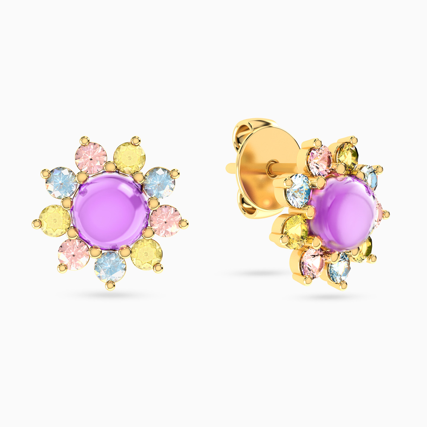 14K Gold Colored Stones Stud Earrings - 2