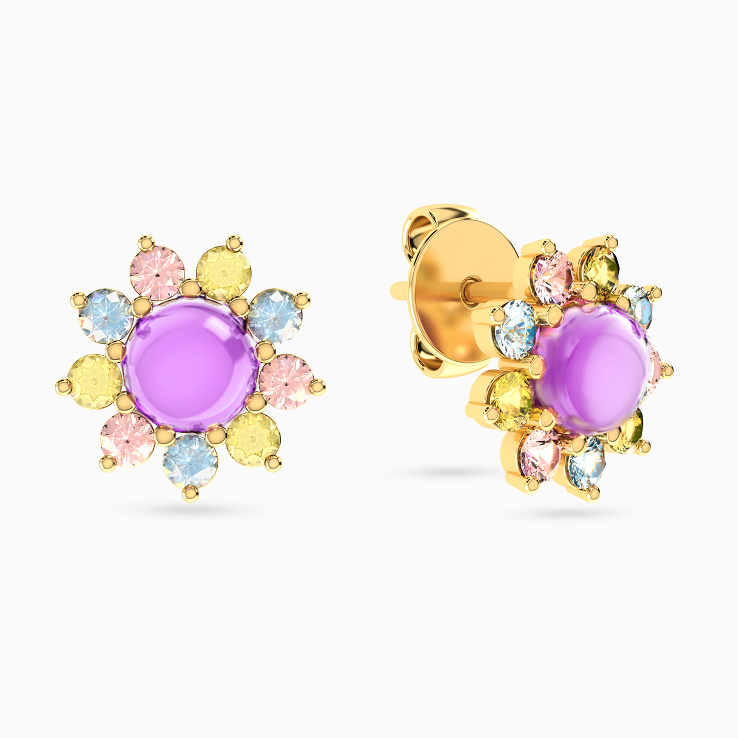 Flower Colored Stones Stud Earrings in 14K Gold - 2 Flower Colored Stones Stud Earrings in 14K Gold - 2