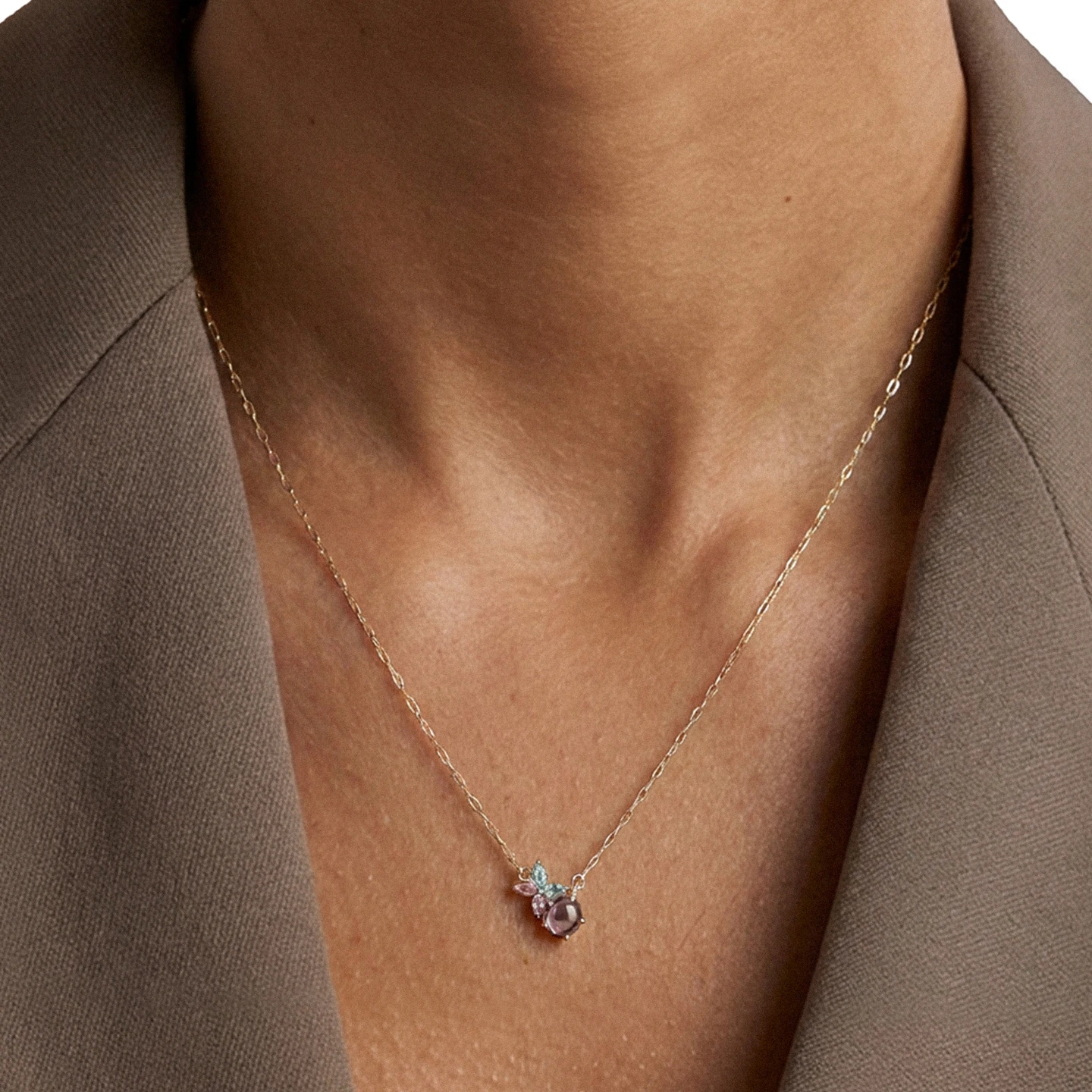 Flower Colored Stones Necklace in 14K Gold - 4 Flower Colored Stones Necklace in 14K Gold - 4