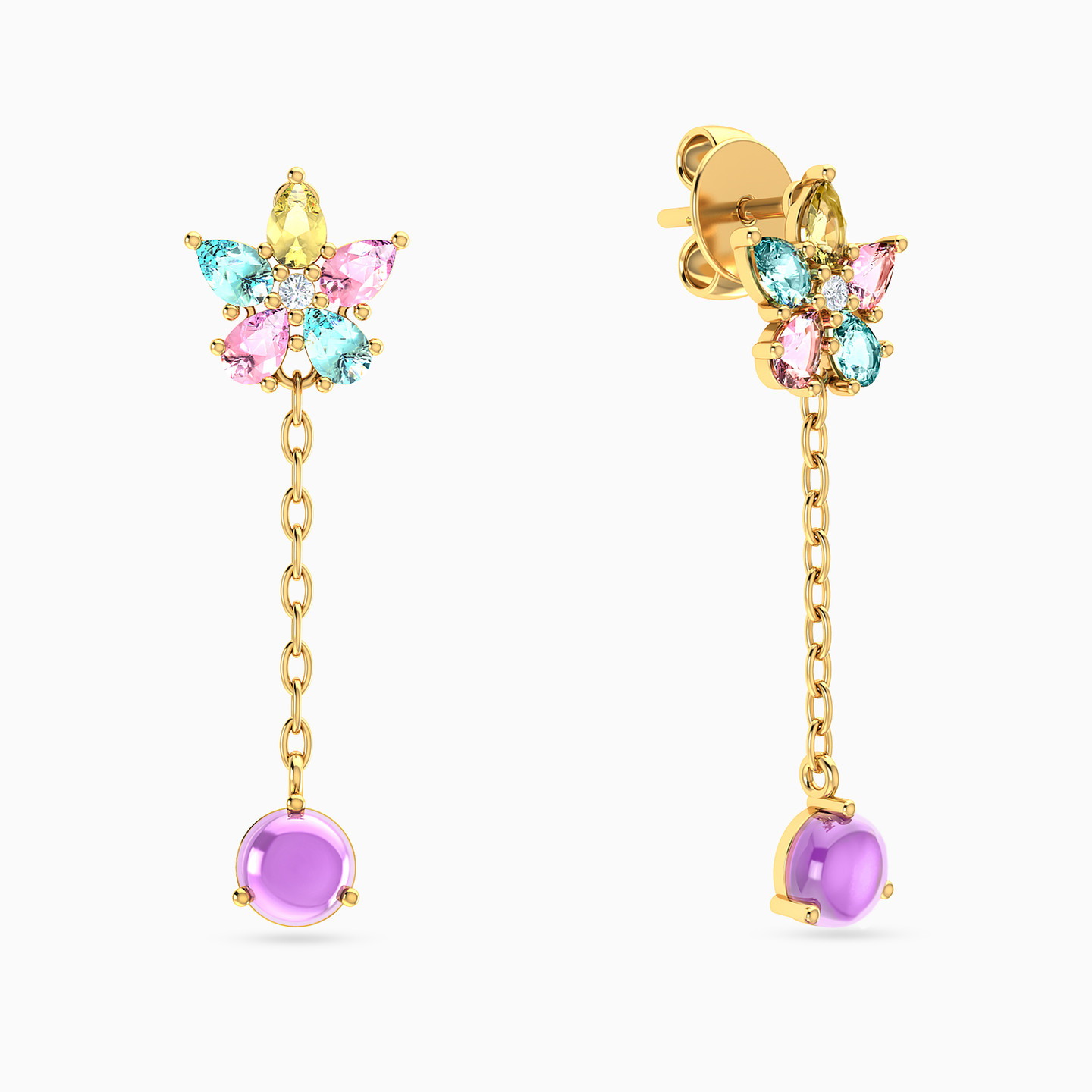 Flower Colored Stones Drop Earrings in 14K Gold Flower Colored Stones Drop Earrings in 14K Gold