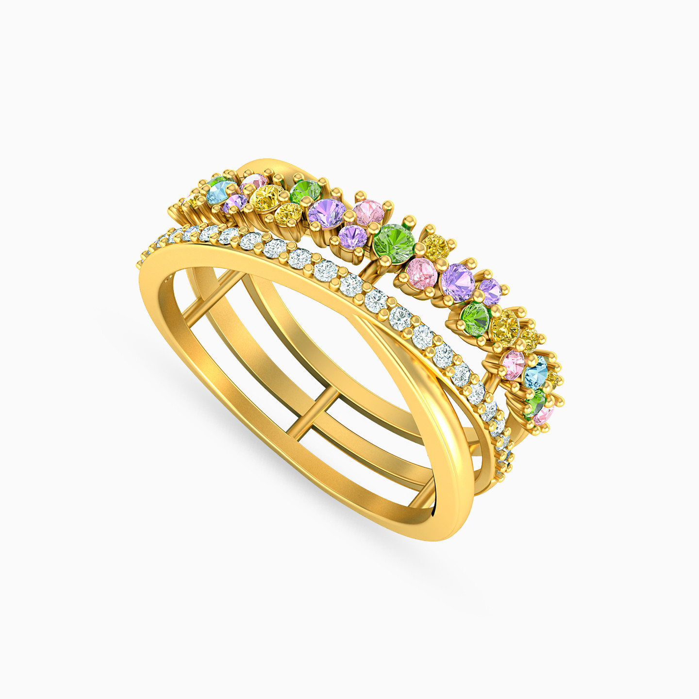 18K Gold Colored Stones Band Ring - 2