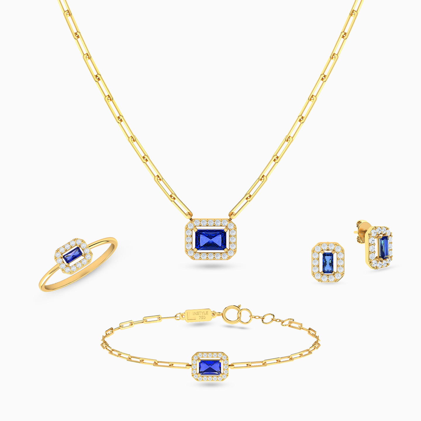 Oval Blue Stone Full Set in 18K Gold (4 Pieces) Oval Blue Stone Full Set in 18K Gold (4 Pieces)