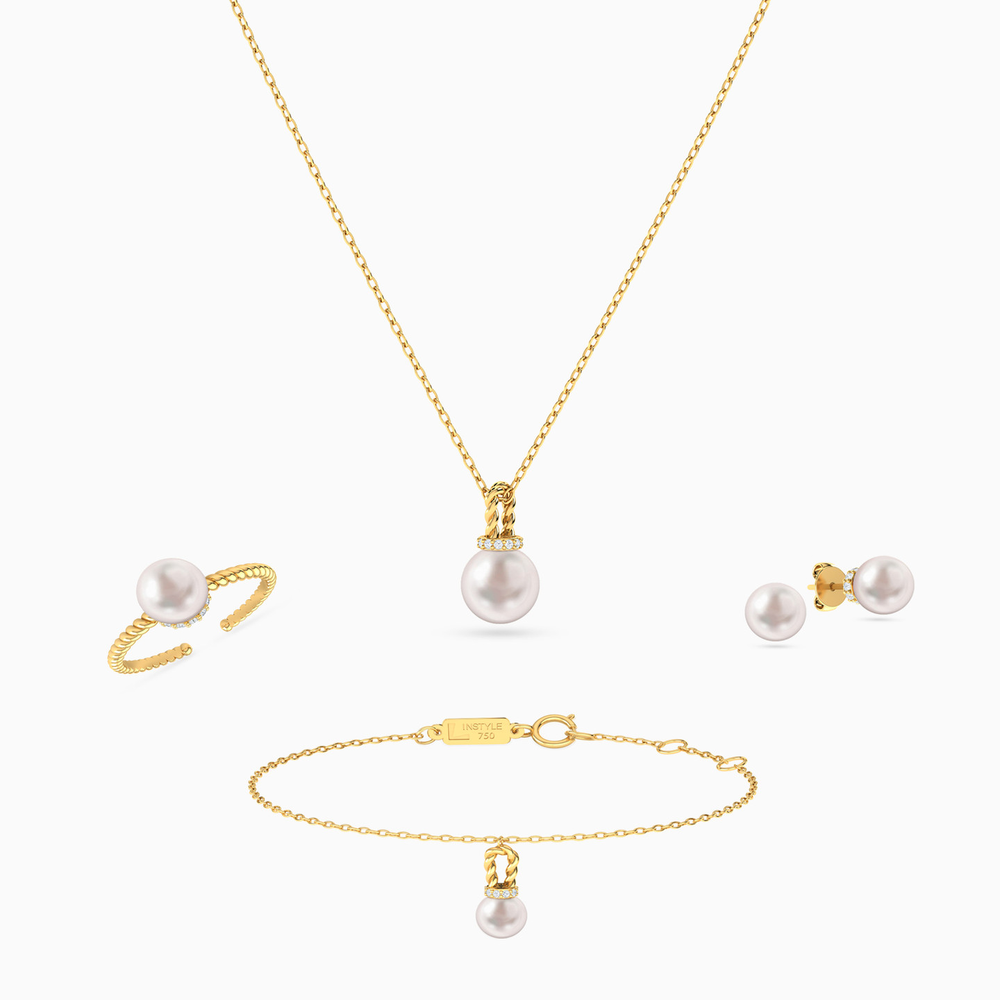 Round Pearls Full Set in 18K Gold (4 Pieces) Round Pearls Full Set in 18K Gold (4 Pieces)