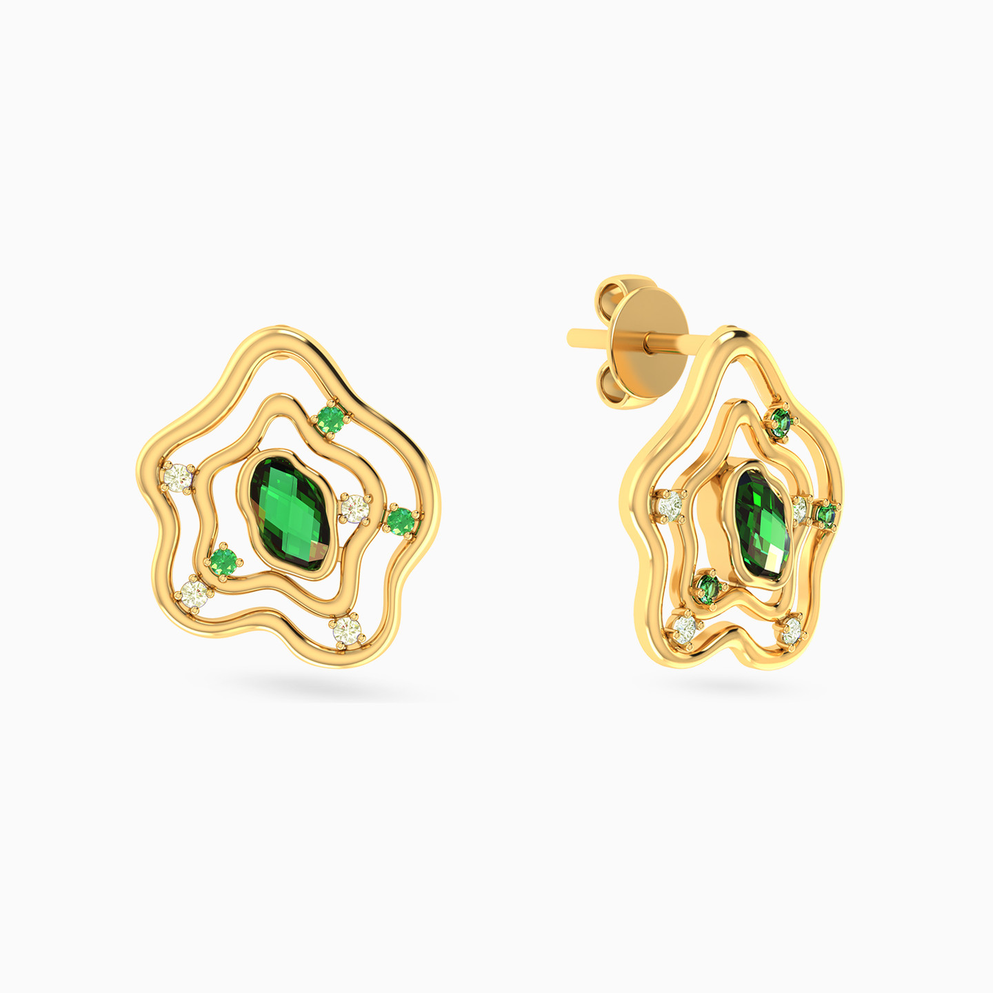 Ripples Green Stones Stud Earrings in 14K Gold - 2 Ripples Green Stones Stud Earrings in 14K Gold - 2