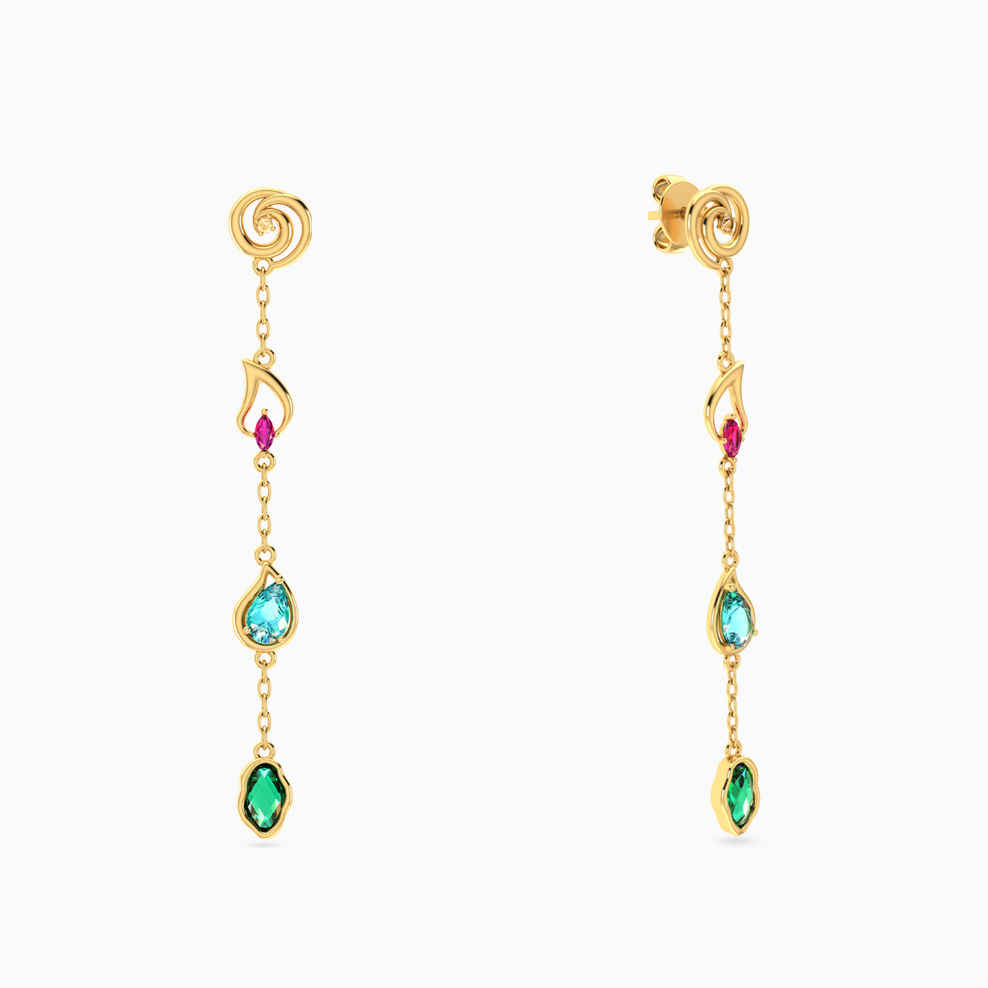 Circle Colored Stones Drop Earrings in 14K Gold - 2 Circle Colored Stones Drop Earrings in 14K Gold - 2