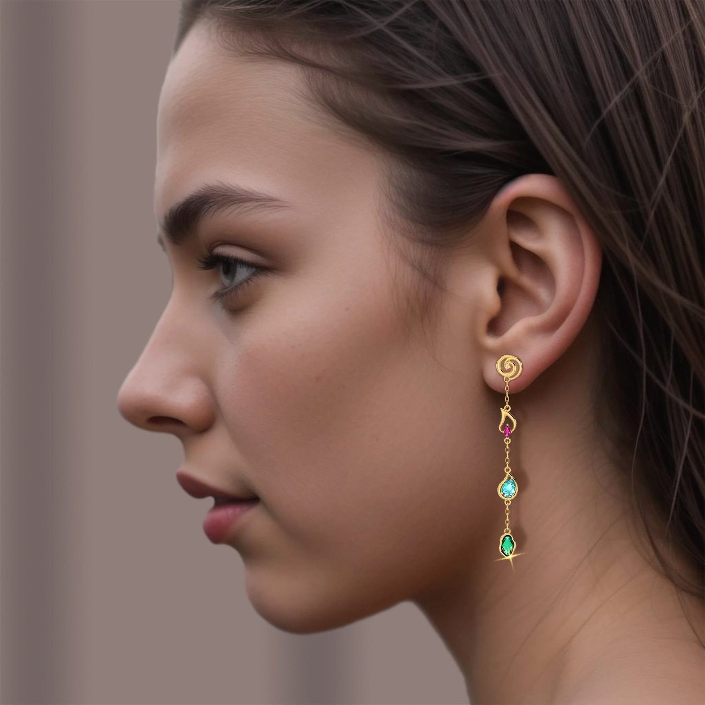 Circle Colored Stones Drop Earrings in 14K Gold - 4 Circle Colored Stones Drop Earrings in 14K Gold - 4