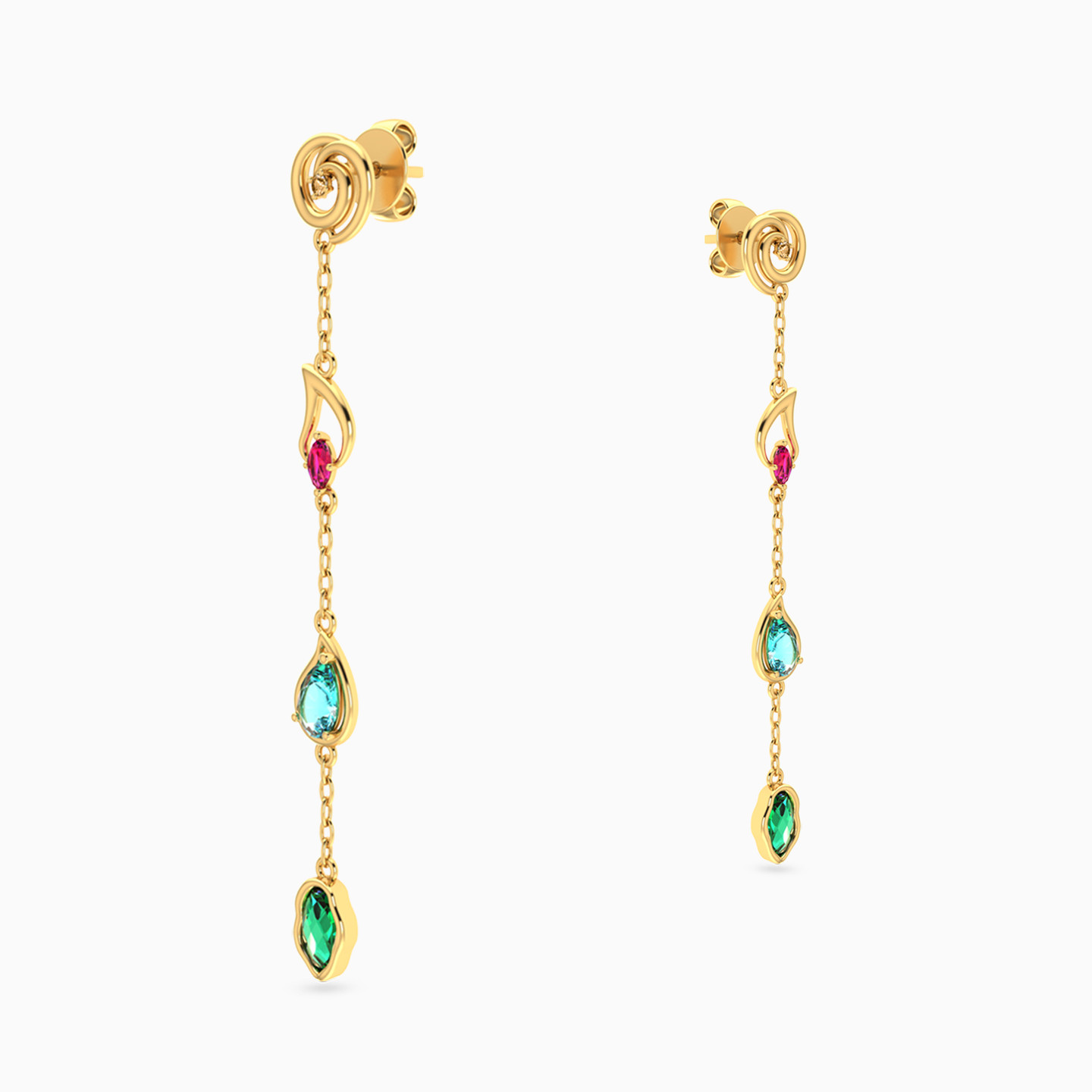 Circle Colored Stones Drop Earrings in 14K Gold - 3 Circle Colored Stones Drop Earrings in 14K Gold - 3