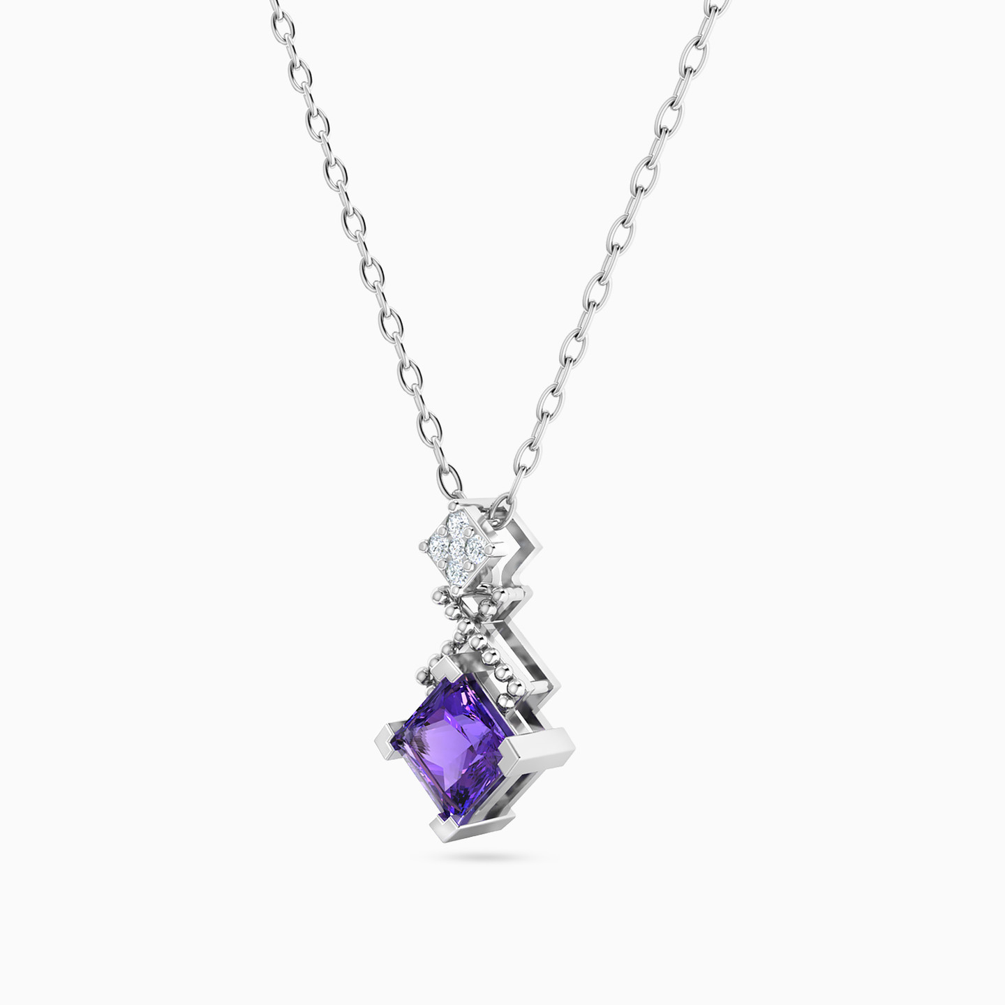 Square Diamond & Purple Stone Necklace in 18K Gold - 2 Square Diamond & Purple Stone Necklace in 18K Gold - 2