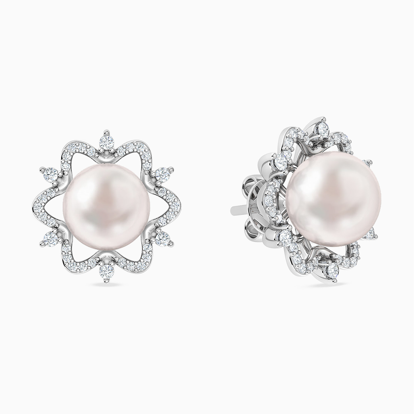 18K Gold Diamond & Pearls Stud Earrings - 2