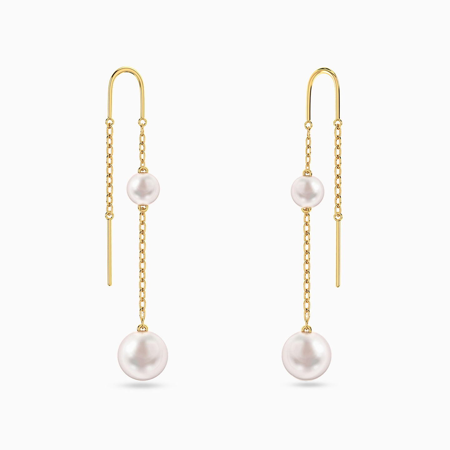 Round Pearls Thread Drop Earrings in 18K Gold - 3 Round Pearls Thread Drop Earrings in 18K Gold - 3