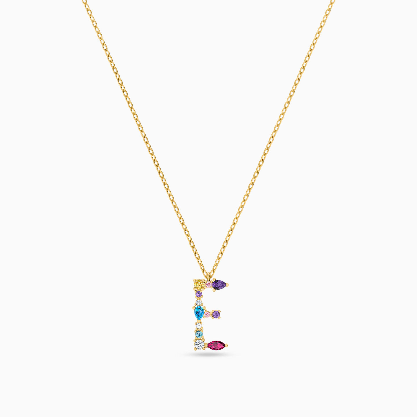 Letter E Shaped Colored Stones Pendant with 18K Gold Chain - 3