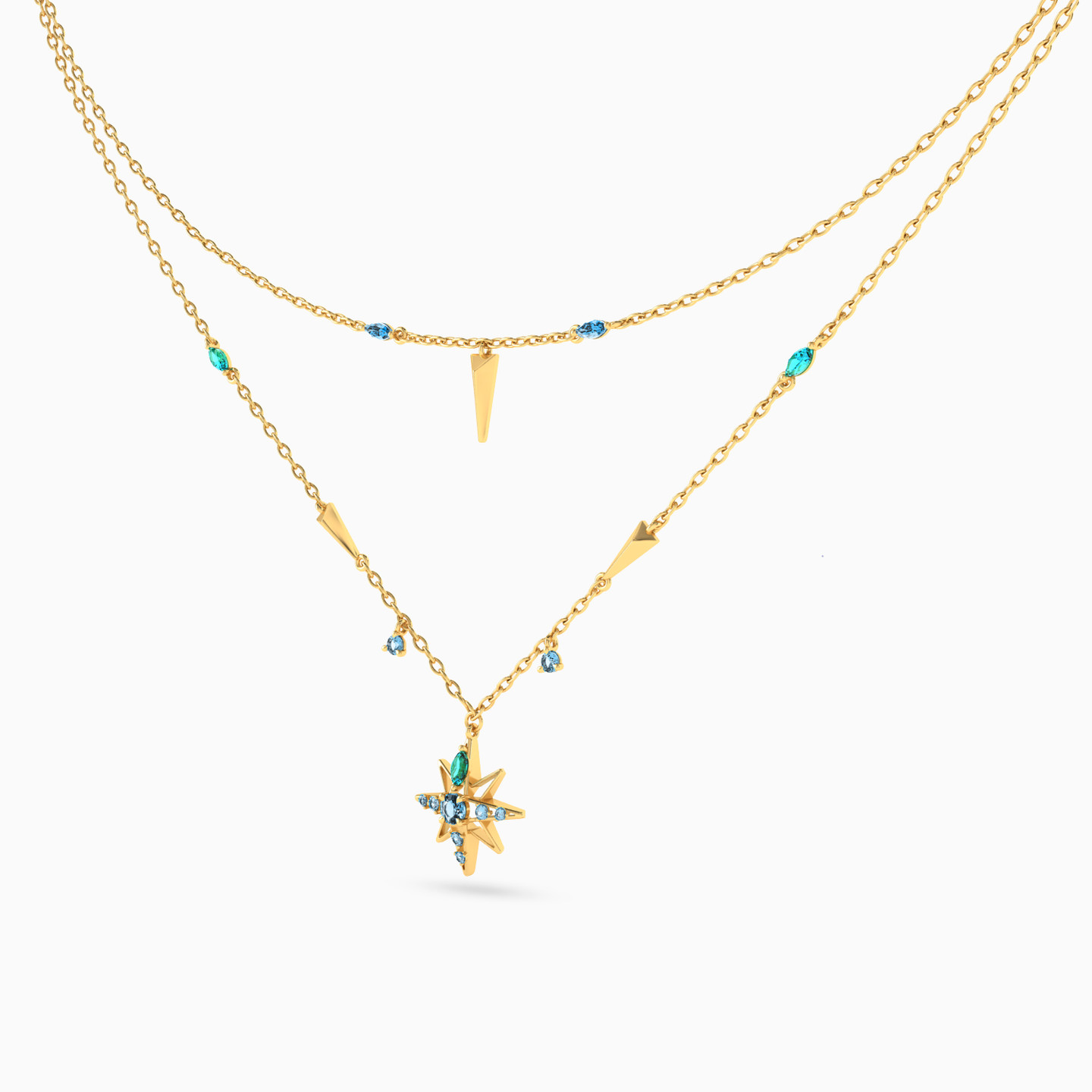 Star Colored Stones Layered Necklace in 18K Gold - 2 Star Colored Stones Layered Necklace in 18K Gold - 2