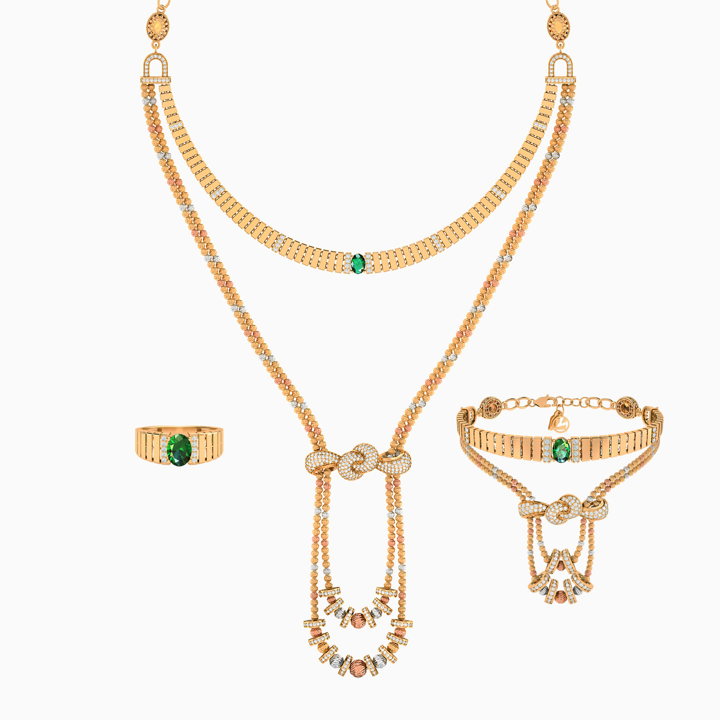 21K Gold Colored Stones Jewelry Set - 3 Pieces