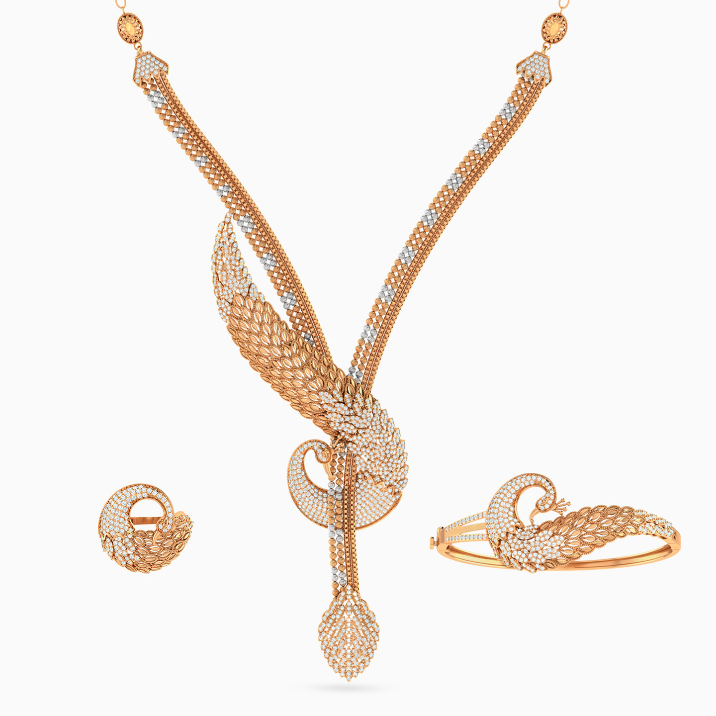 Peacock Cubic Zirconia Full Set in 21K Gold - 3 pieces