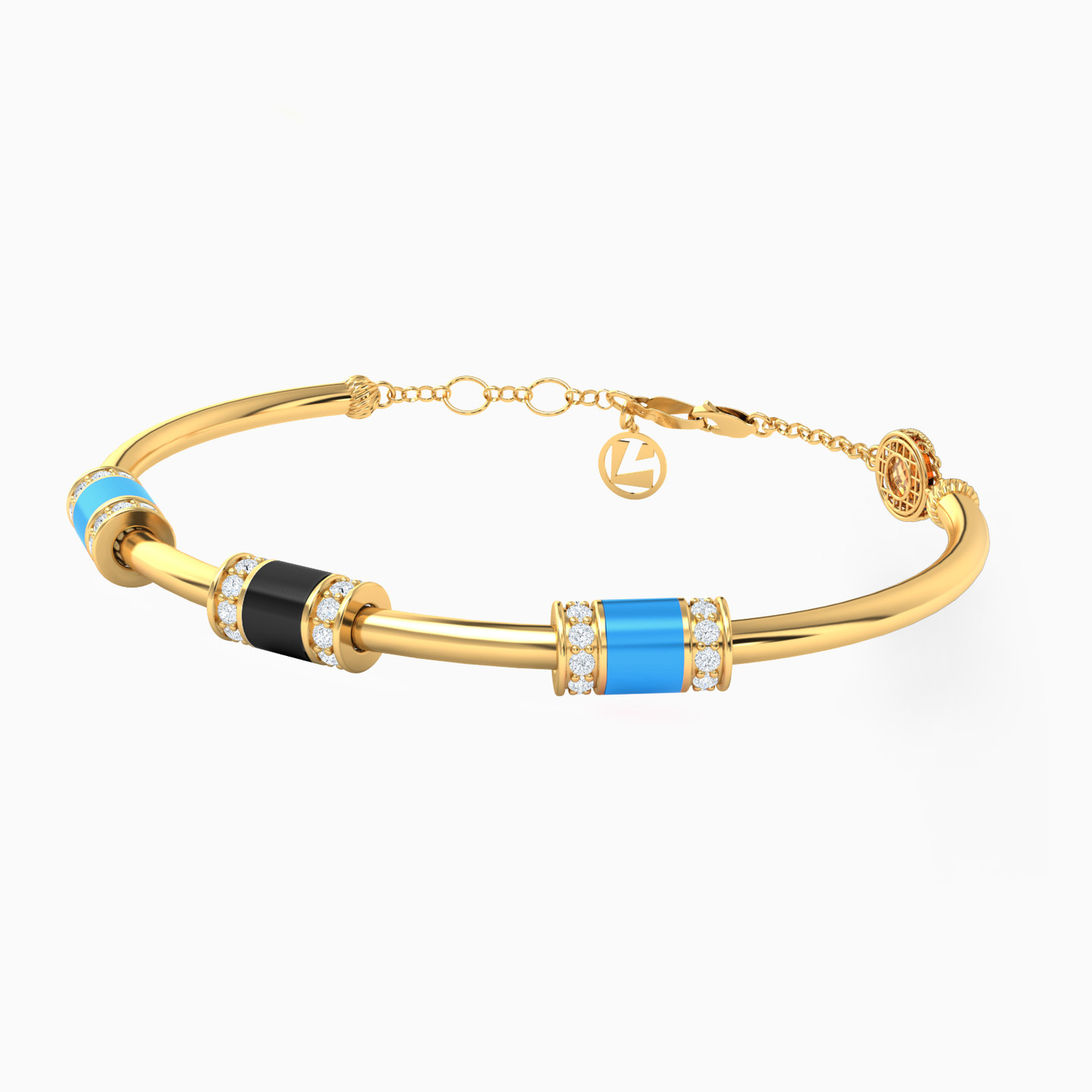 Cylinder Cubic Zirconia & Enamel Coated Bangle Bracelet in 18K Gold - 2 Cylinder Cubic Zirconia & Enamel Coated Bangle Bracelet in 18K Gold - 2