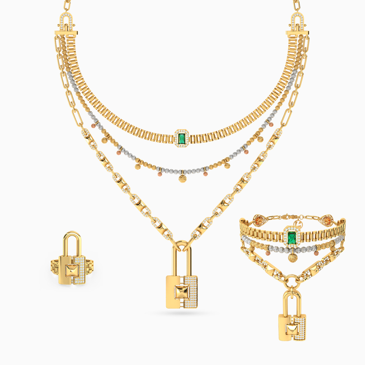 18K Gold Colored Stones Jewelry Set - 3 Pieces