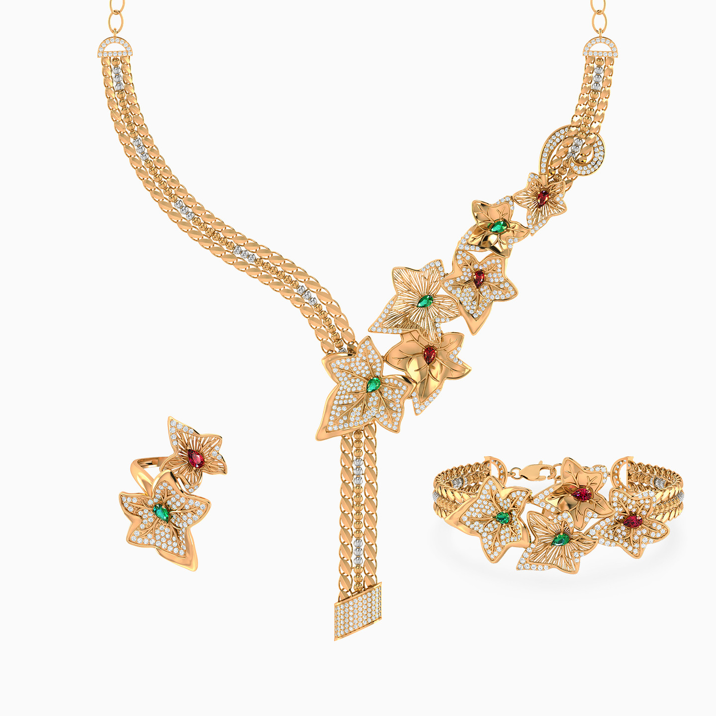 21K Gold Colored Stones Jewelry Set - 3 Pieces