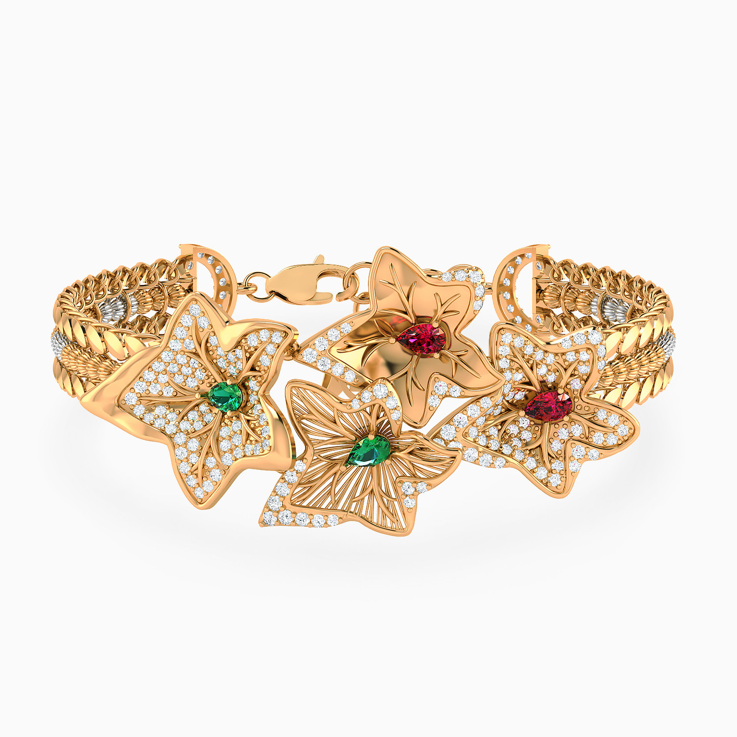 Flower Colored Stones Full Set in 21K Gold (3 Pieces) - 3 Flower Colored Stones Full Set in 21K Gold (3 Pieces) - 3