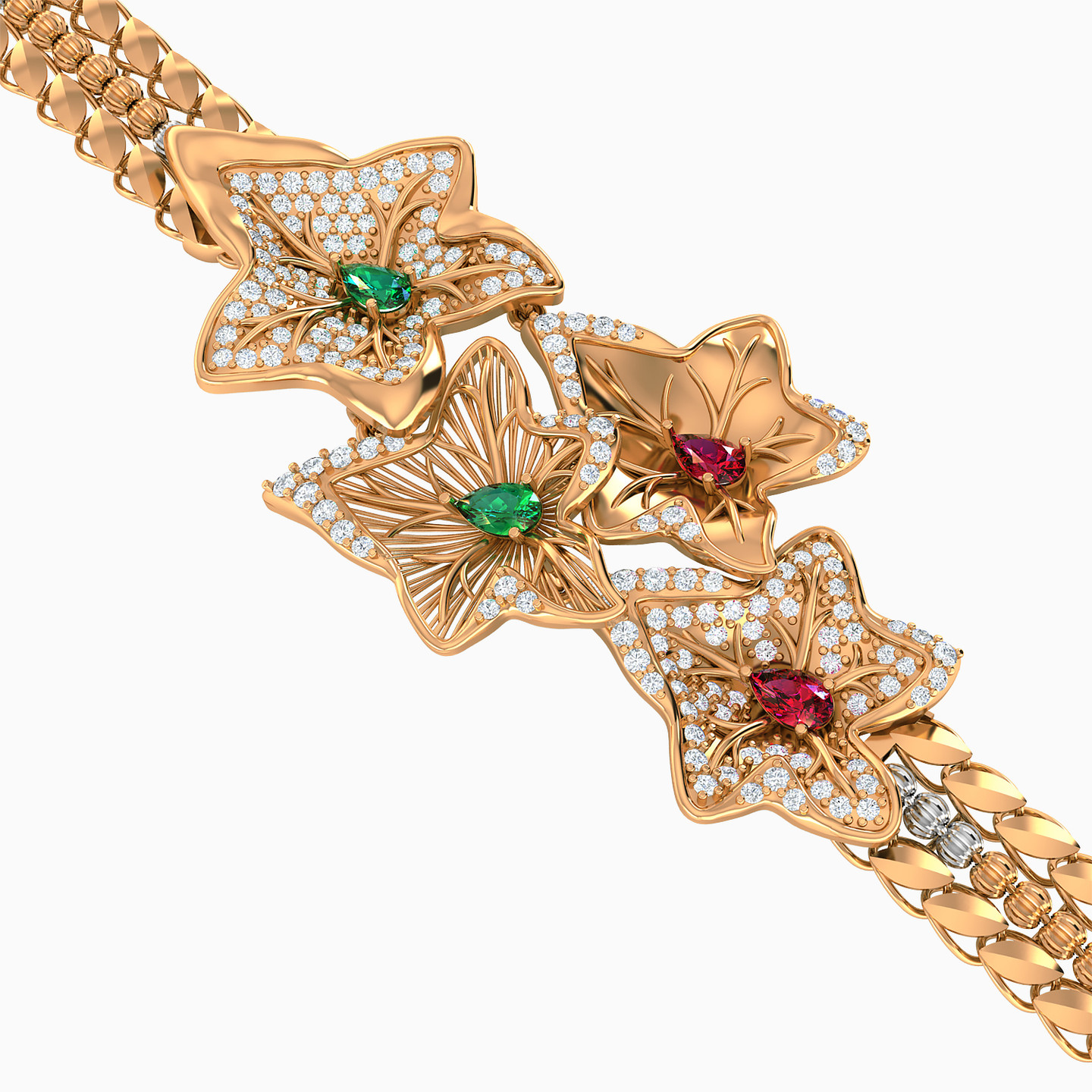 Flower Colored Stones Full Set in 21K Gold (3 Pieces) - 4 Flower Colored Stones Full Set in 21K Gold (3 Pieces) - 4