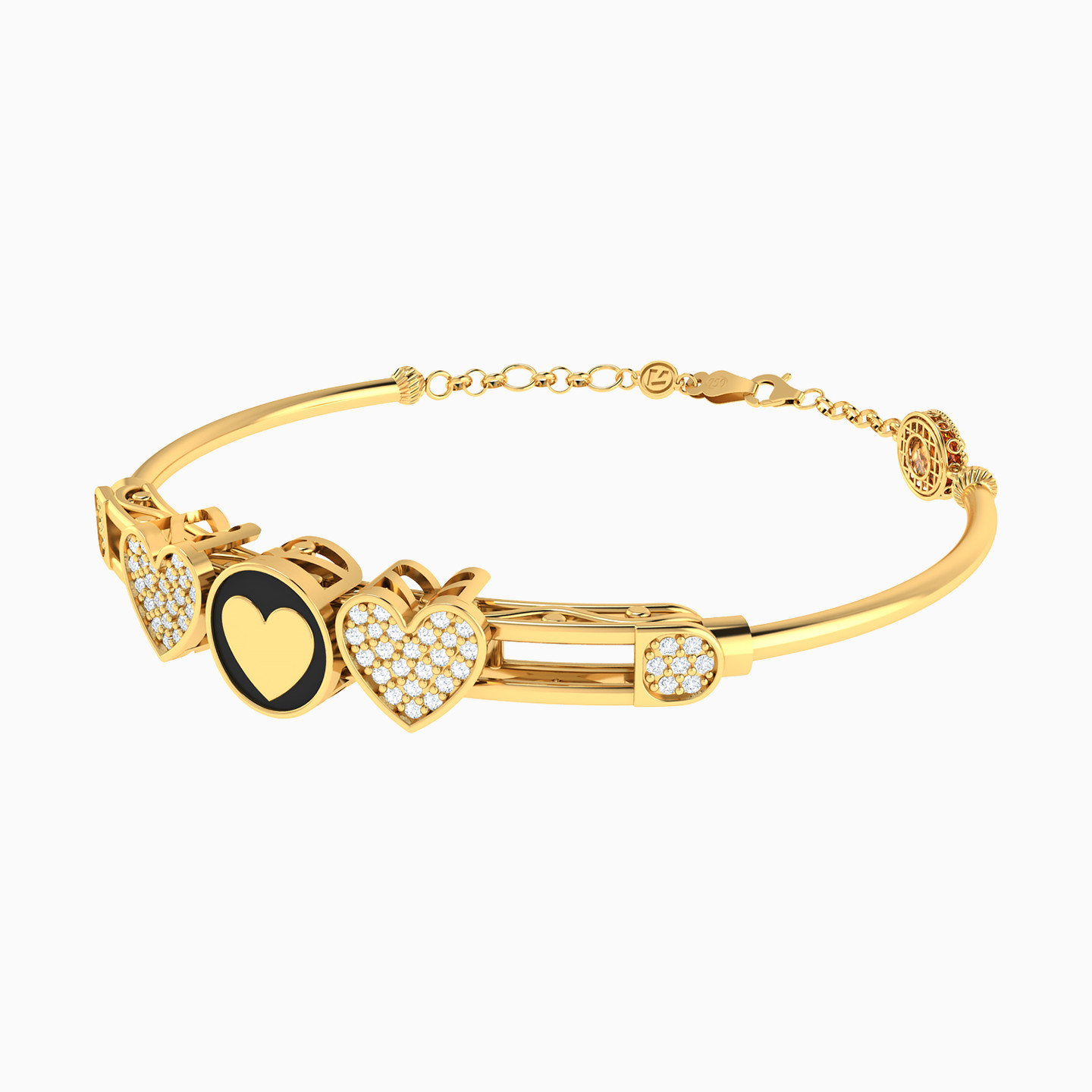 Heart Cubic Zirconia & Enamel Coated Chain Bracelet in 18K Gold - 2 Heart Cubic Zirconia & Enamel Coated Chain Bracelet in 18K Gold - 2