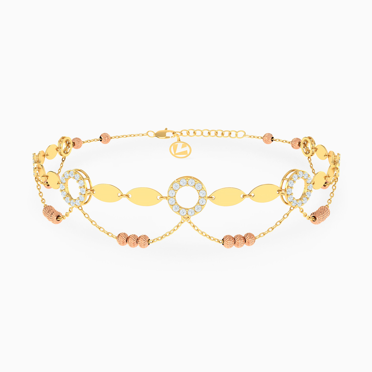 خلخال بسلسلة ذهب دائري عيار 18 قيراط مزين بأحجار الزركون خلخال بسلسلة ذهب دائري عيار 18 قيراط مزين بأحجار الزركون