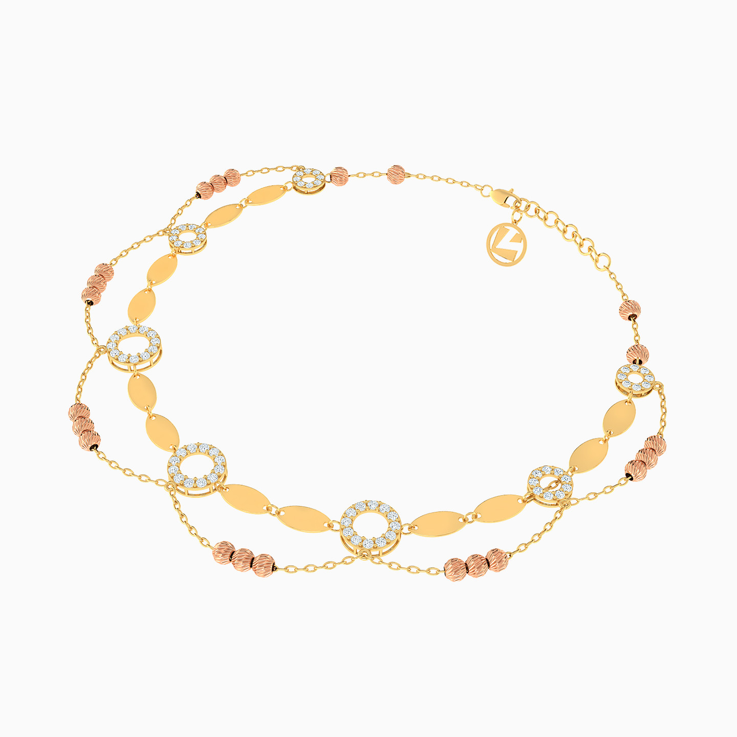 خلخال بسلسلة ذهب دائري عيار 18 قيراط مزين بأحجار الزركون - 2 خلخال بسلسلة ذهب دائري عيار 18 قيراط مزين بأحجار الزركون - 2