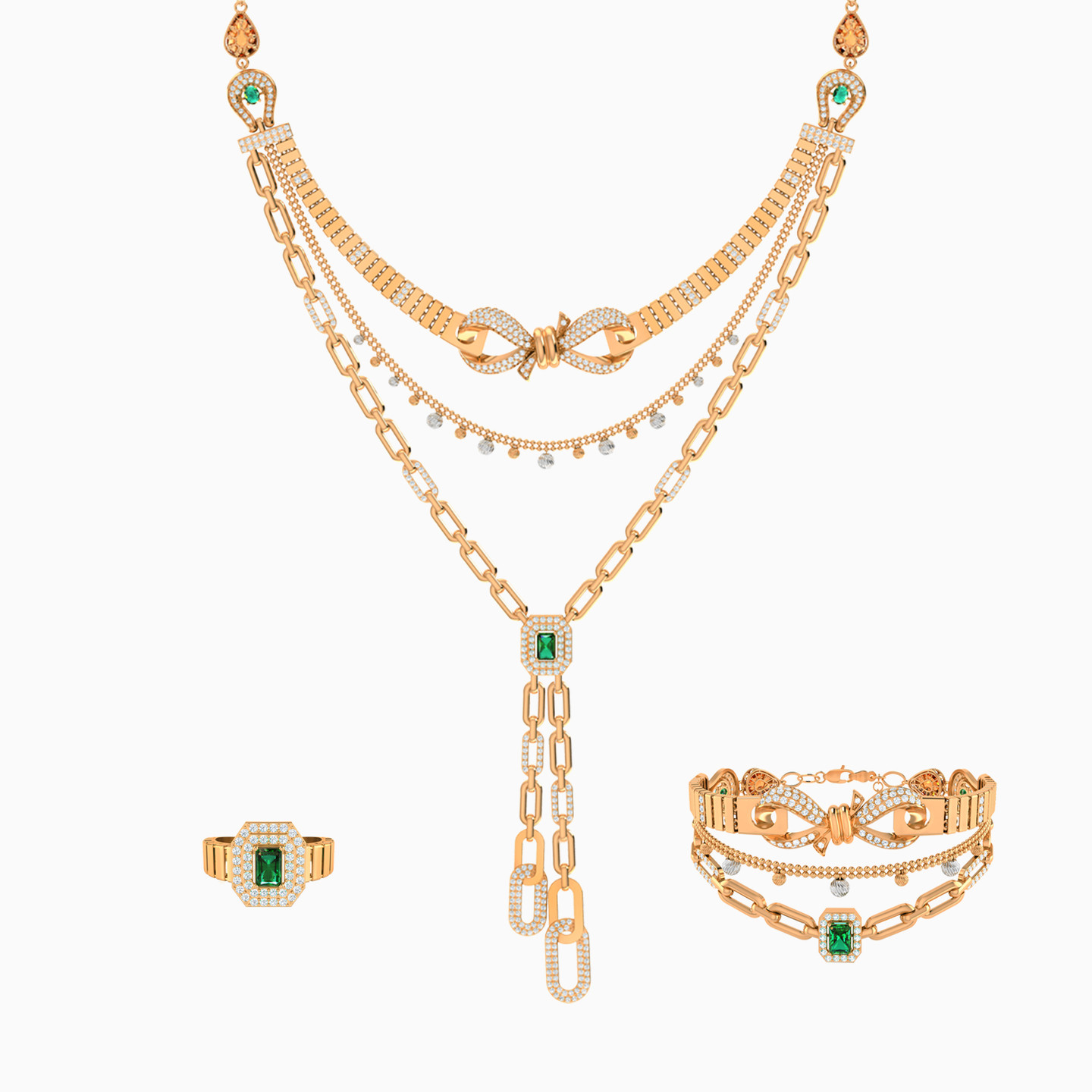 Baguette Green Stones Full Set in 21K Gold (3 Pieces) Baguette Green Stones Full Set in 21K Gold (3 Pieces)