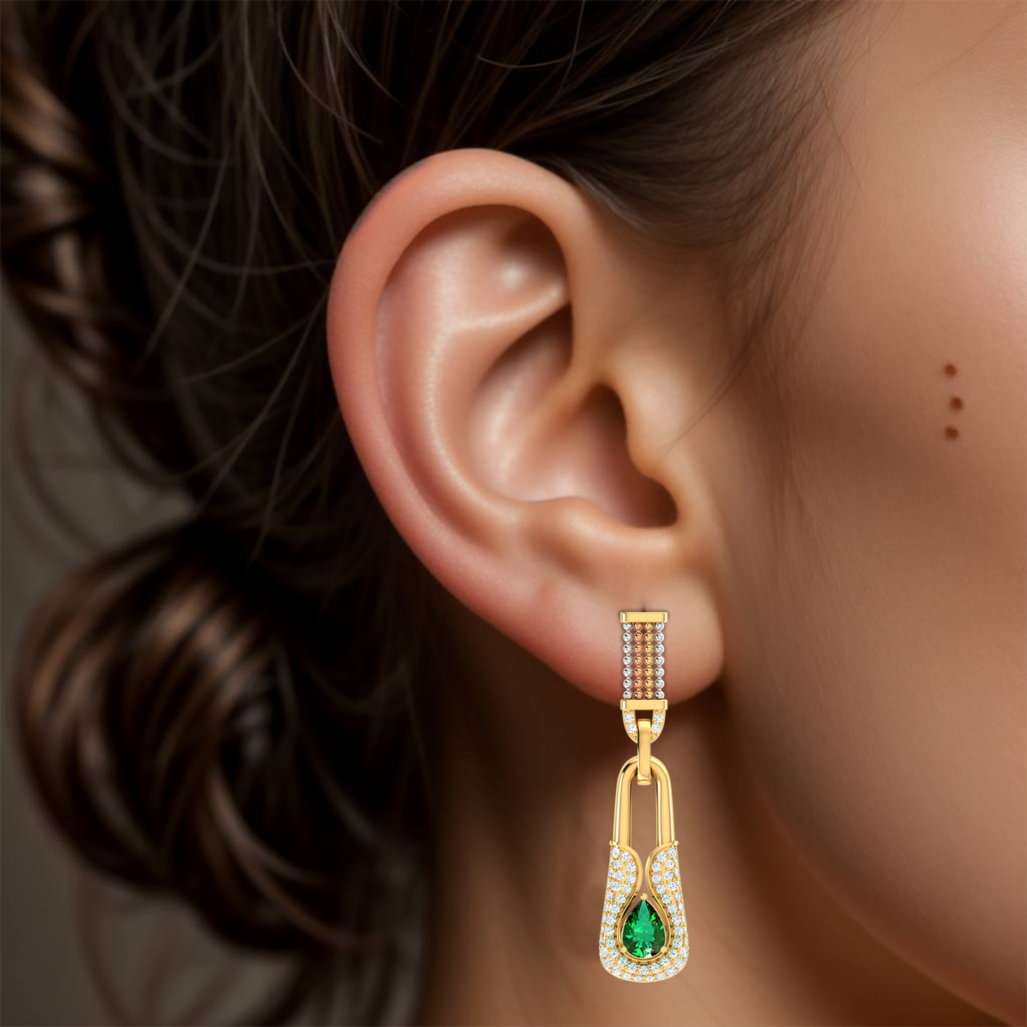 Rectangle Green Stones Drop Earrings in 18K Gold - 2 Rectangle Green Stones Drop Earrings in 18K Gold - 2