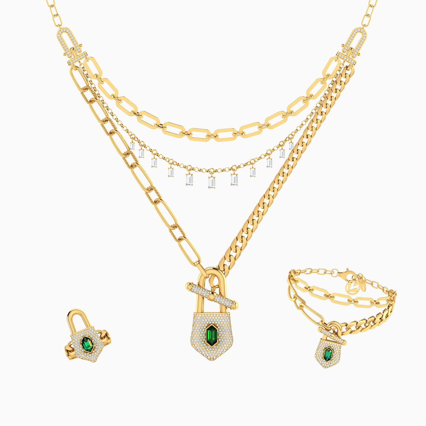 18K Gold Colored Stones Jewelry Set - 3 Pieces