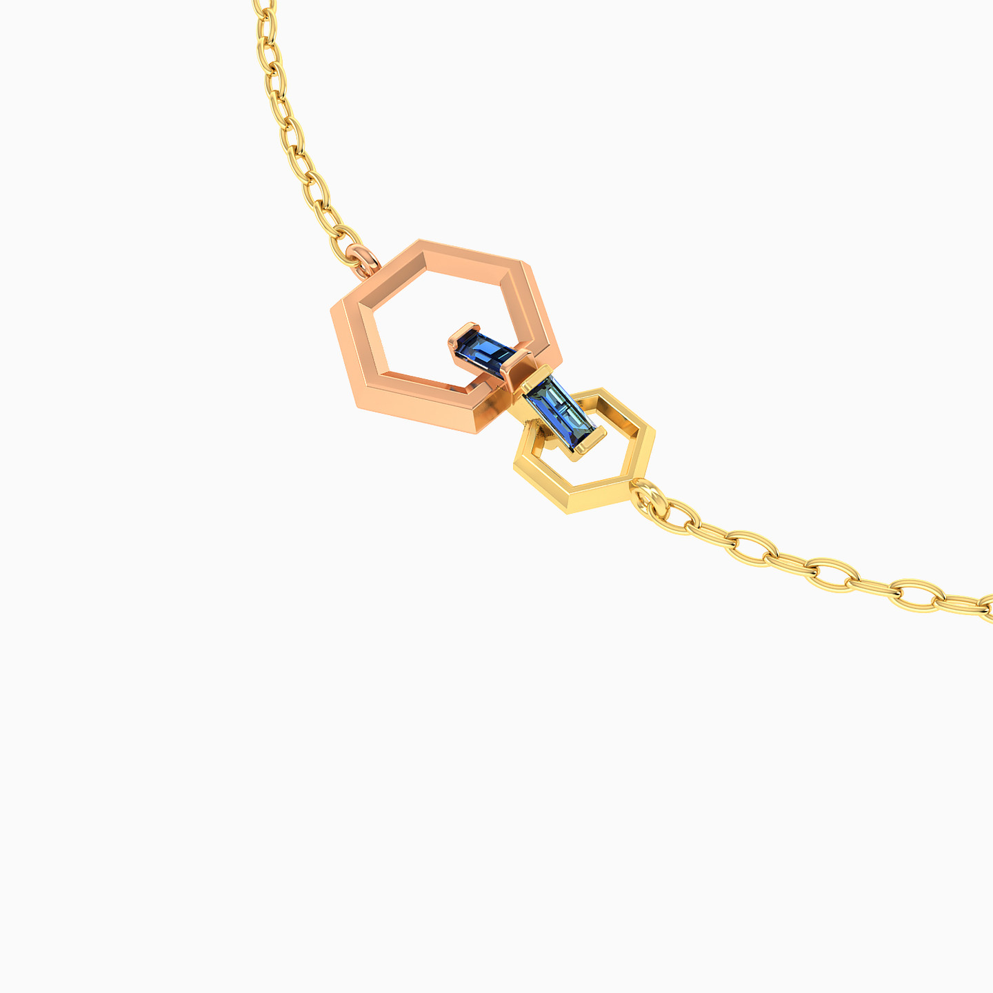 Hexagon Blue Stone Chain Bracelet in 14K Gold - 3 Hexagon Blue Stone Chain Bracelet in 14K Gold - 3