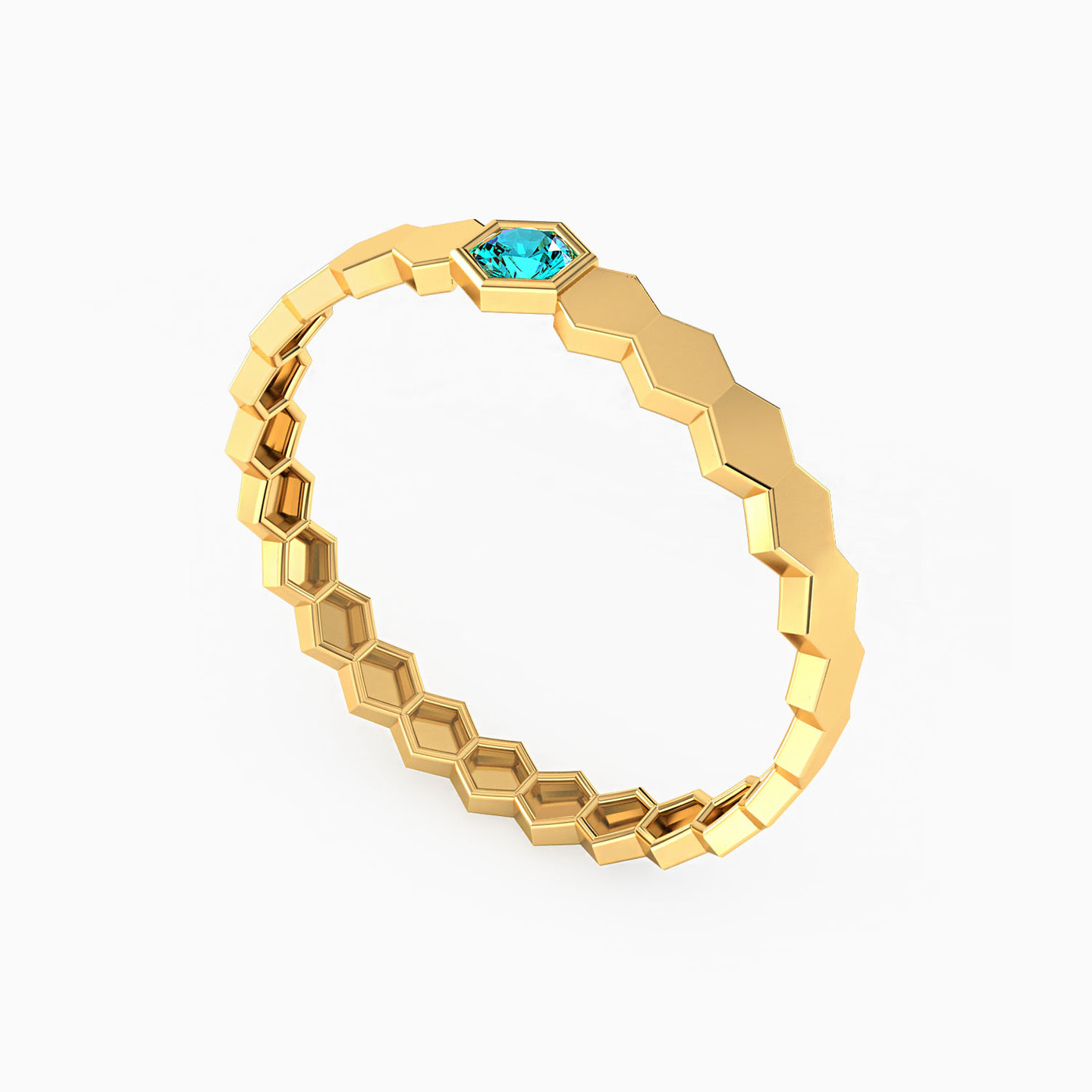 Hexagon Colored Stones Ring in 14K Gold - 2 Hexagon Colored Stones Ring in 14K Gold - 2