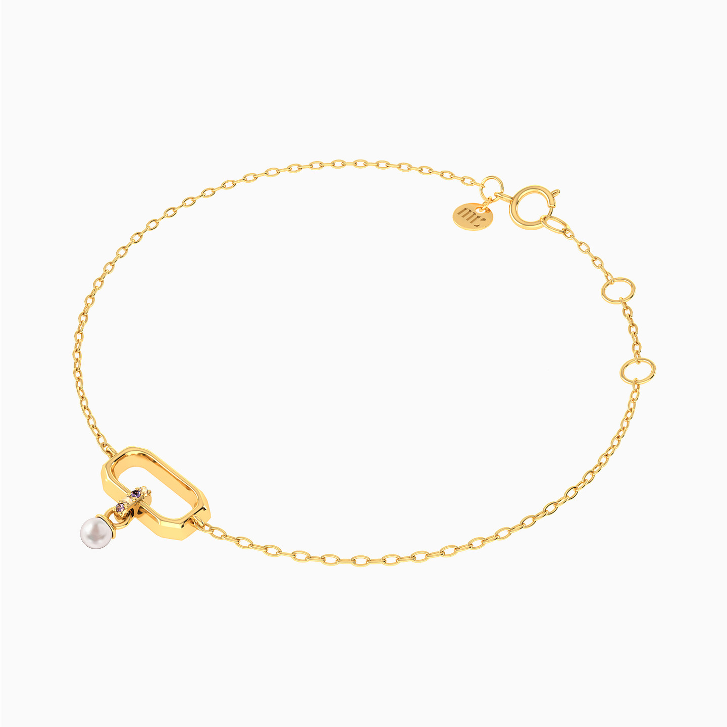 14K Gold Pearl & Colored Stones Chain Bracelet - 2