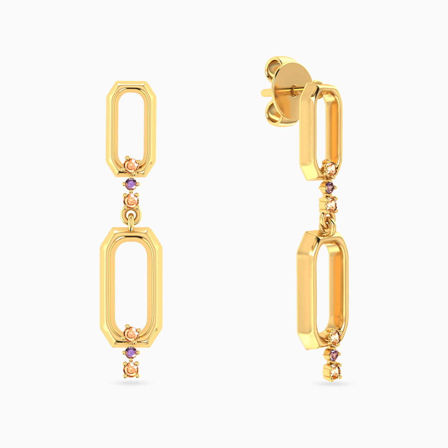 Links Colored Stones Drop Earrings in 14K Gold - 2 Links Colored Stones Drop Earrings in 14K Gold - 2