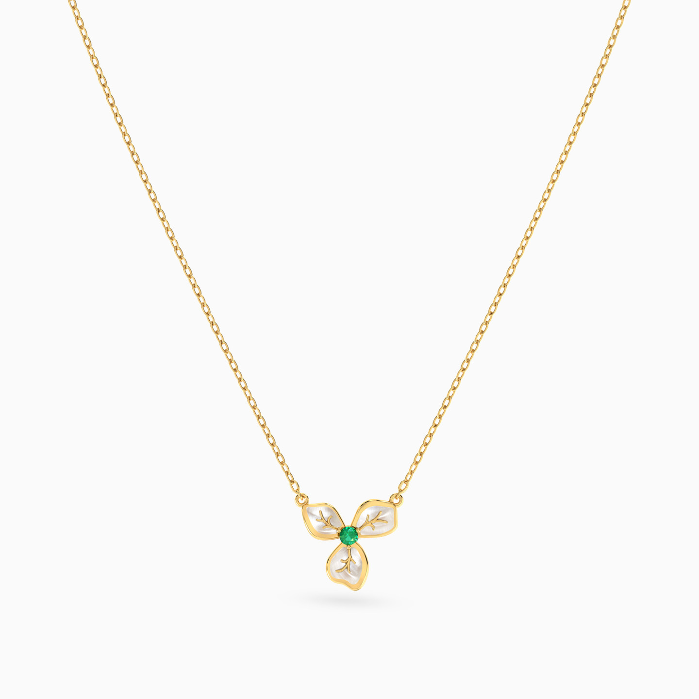 Flower Pearl & Green Stones Necklace in 14K Gold - 3 Flower Pearl & Green Stones Necklace in 14K Gold - 3