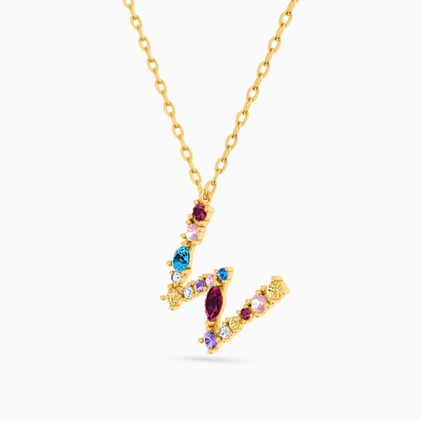 Letter W Colored Stones Necklace in 14K Gold - 2 Letter W Colored Stones Necklace in 14K Gold - 2