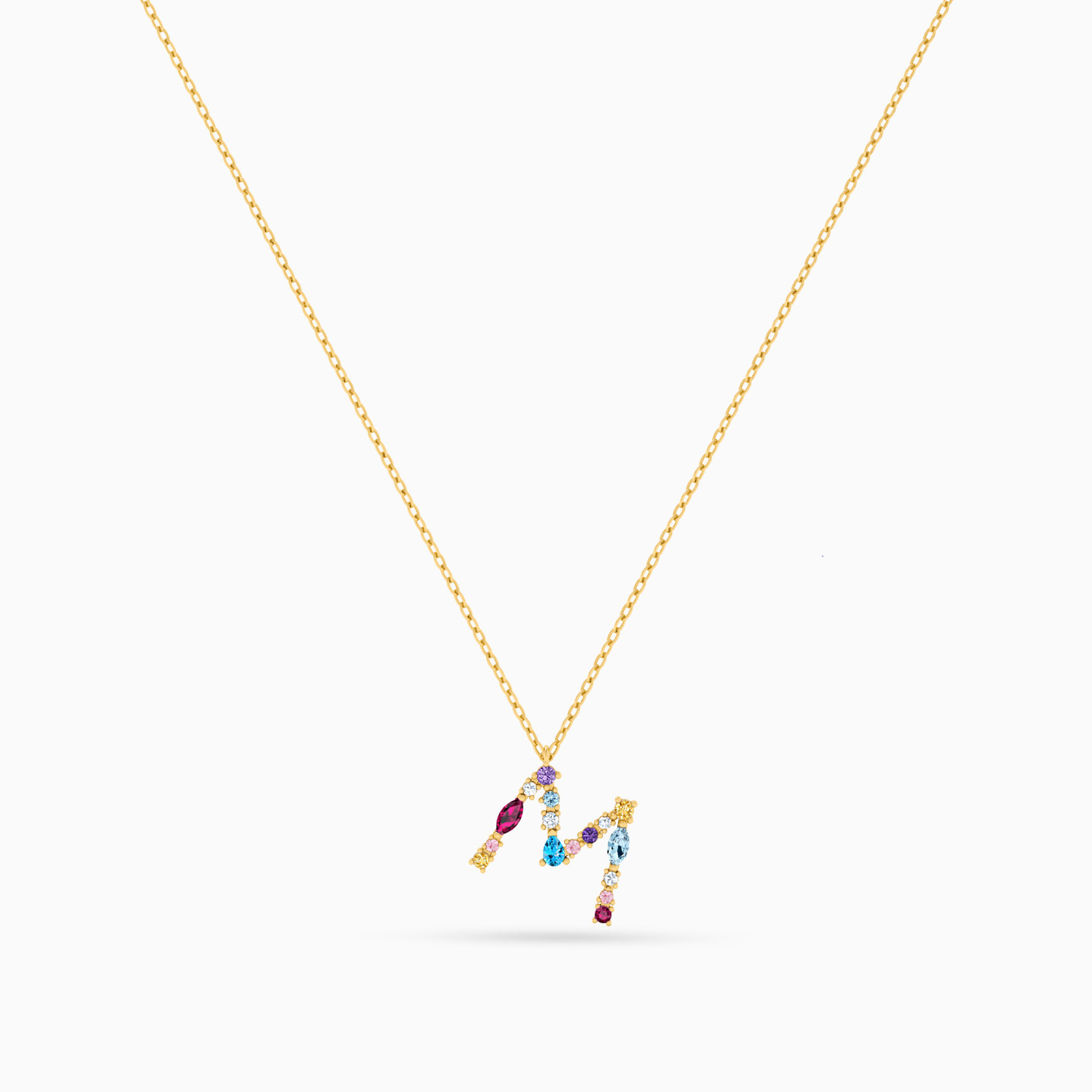 Letter M Colored Stones Pendant with 14K Gold Chain - 3