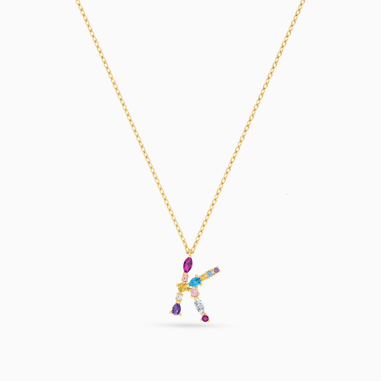 Letter K Colored Stones Necklace in 14K Gold - 3 Letter K Colored Stones Necklace in 14K Gold - 3