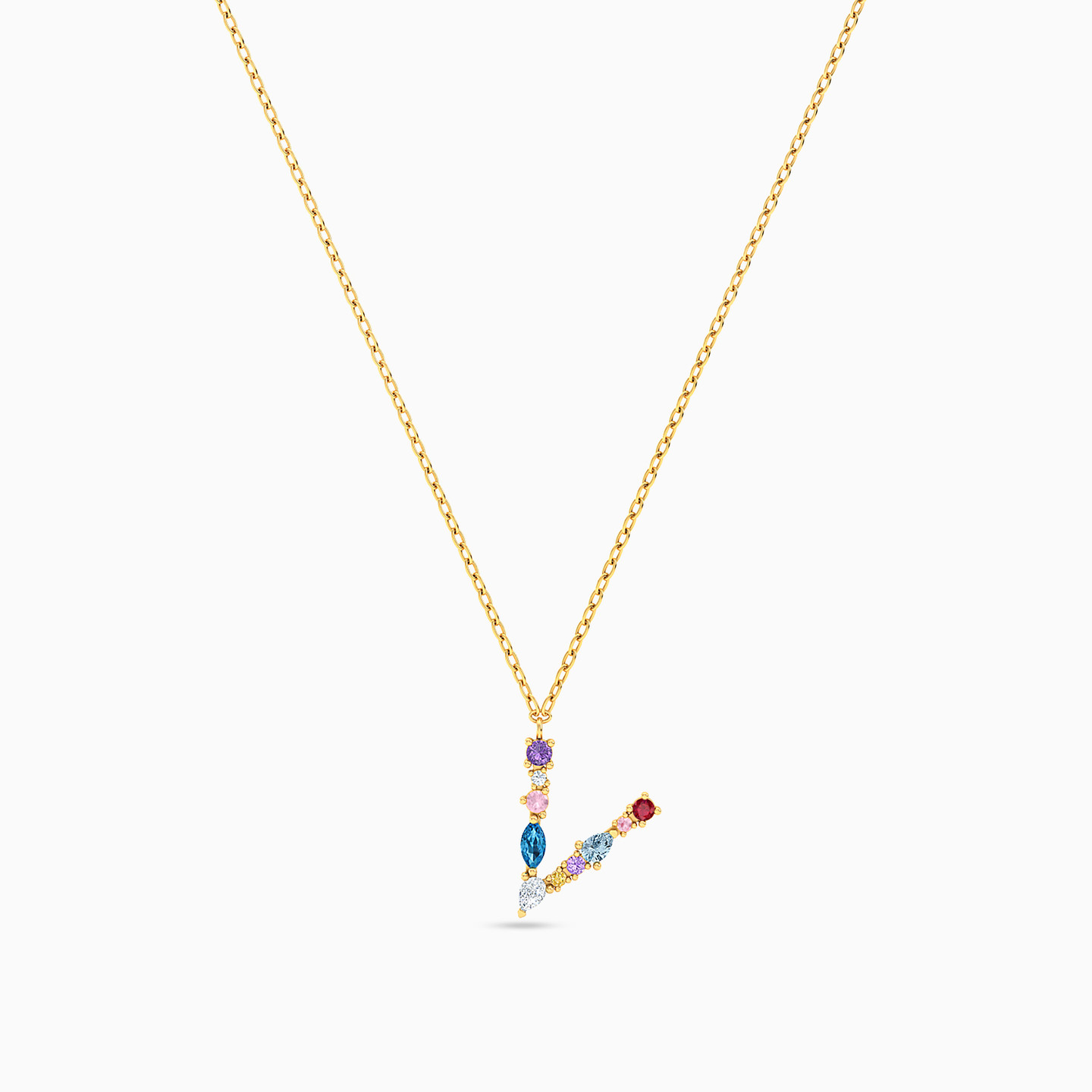 Letter V Colored Stones Necklace in 14K Gold - 3 Letter V Colored Stones Necklace in 14K Gold - 3