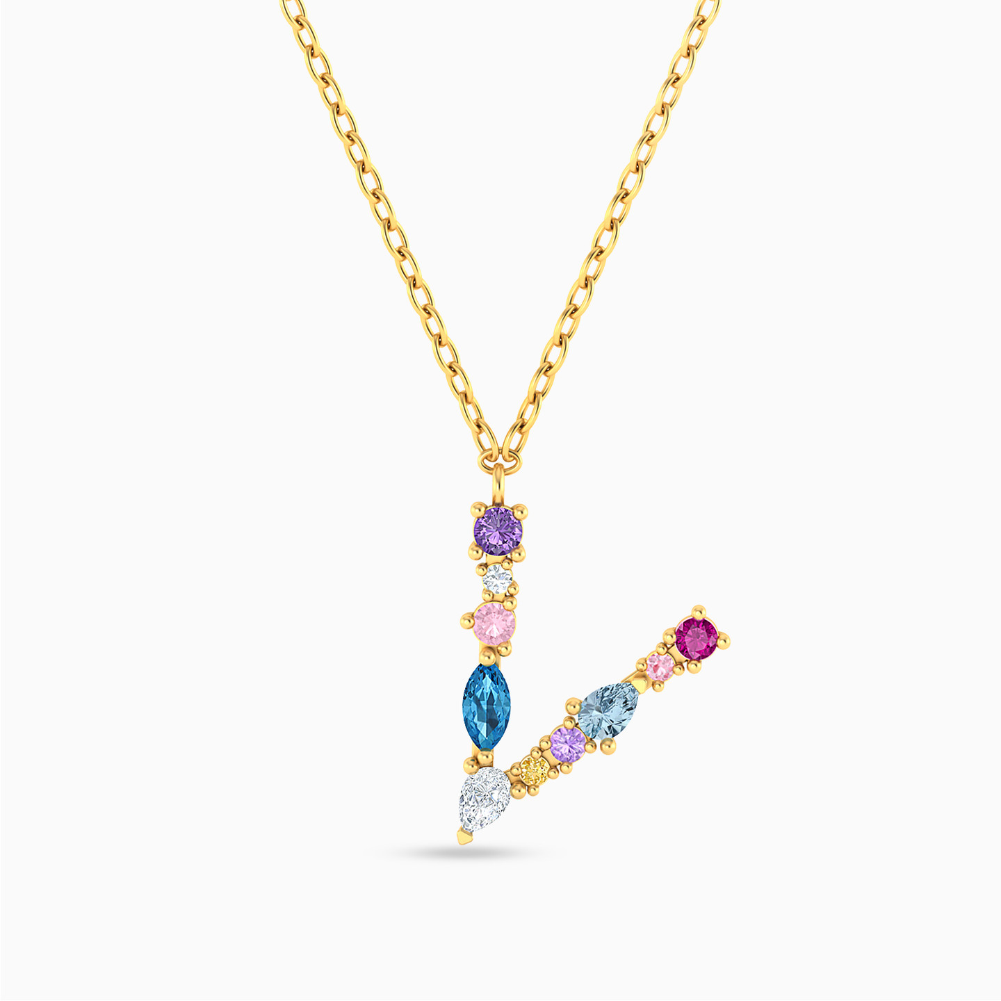 Letter V Colored Stones Necklace in 14K Gold L'azurde Egypt - Main Image