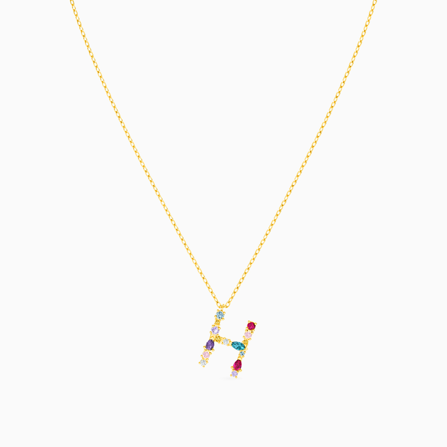 Letter H Colored Stones Necklace in 14K Gold - 3 Letter H Colored Stones Necklace in 14K Gold - 3
