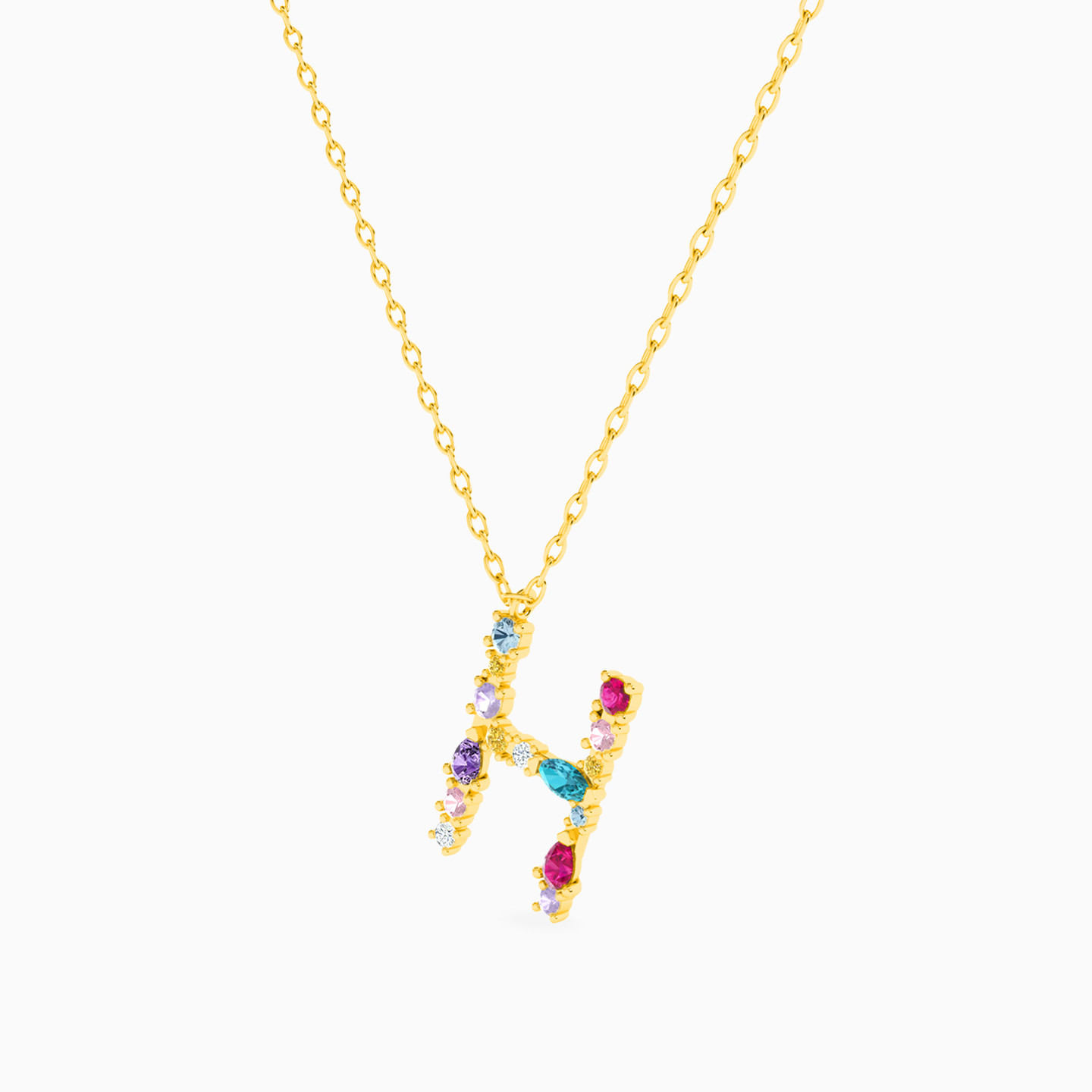 Letter H Colored Stones Necklace in 14K Gold - 2 Letter H Colored Stones Necklace in 14K Gold - 2
