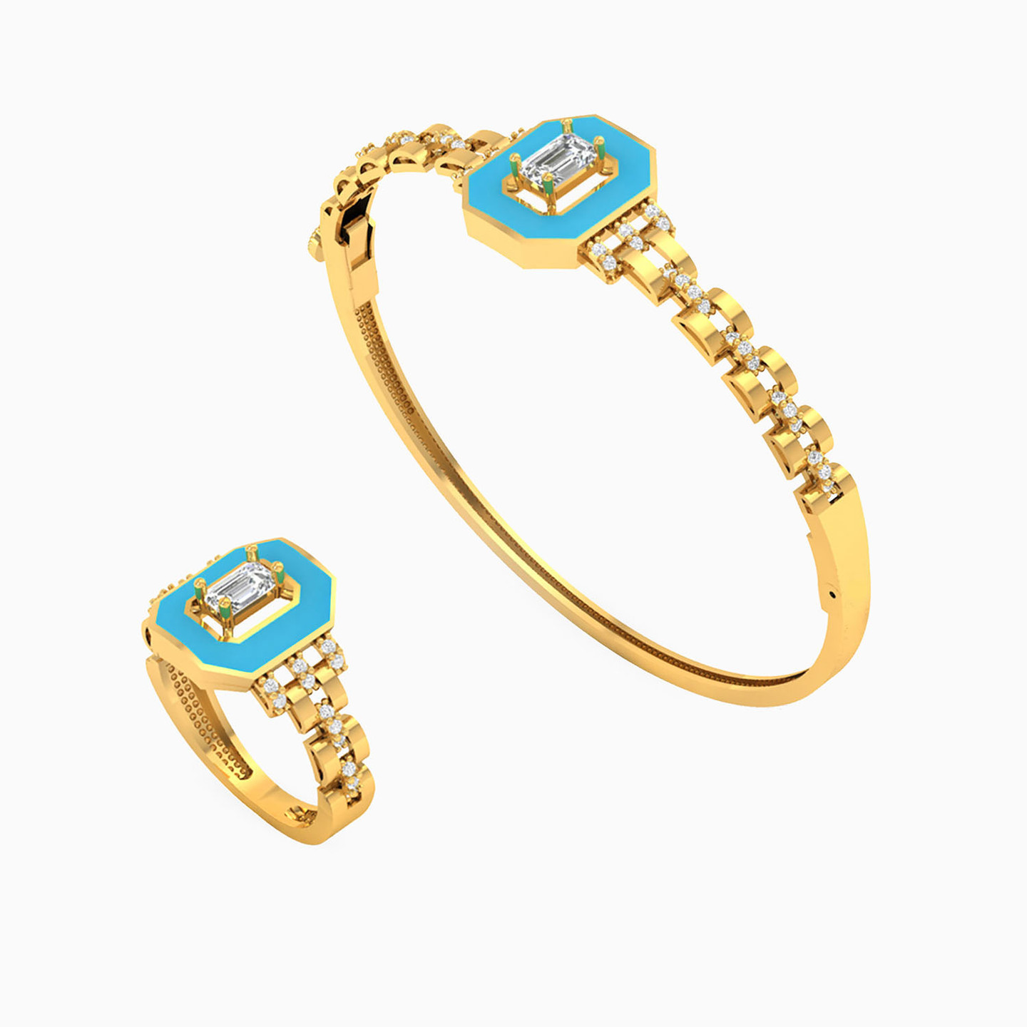 18K Gold Colored Stones & Enamel Coated Bangle & Ring Jewelry Set - 2 Pieces