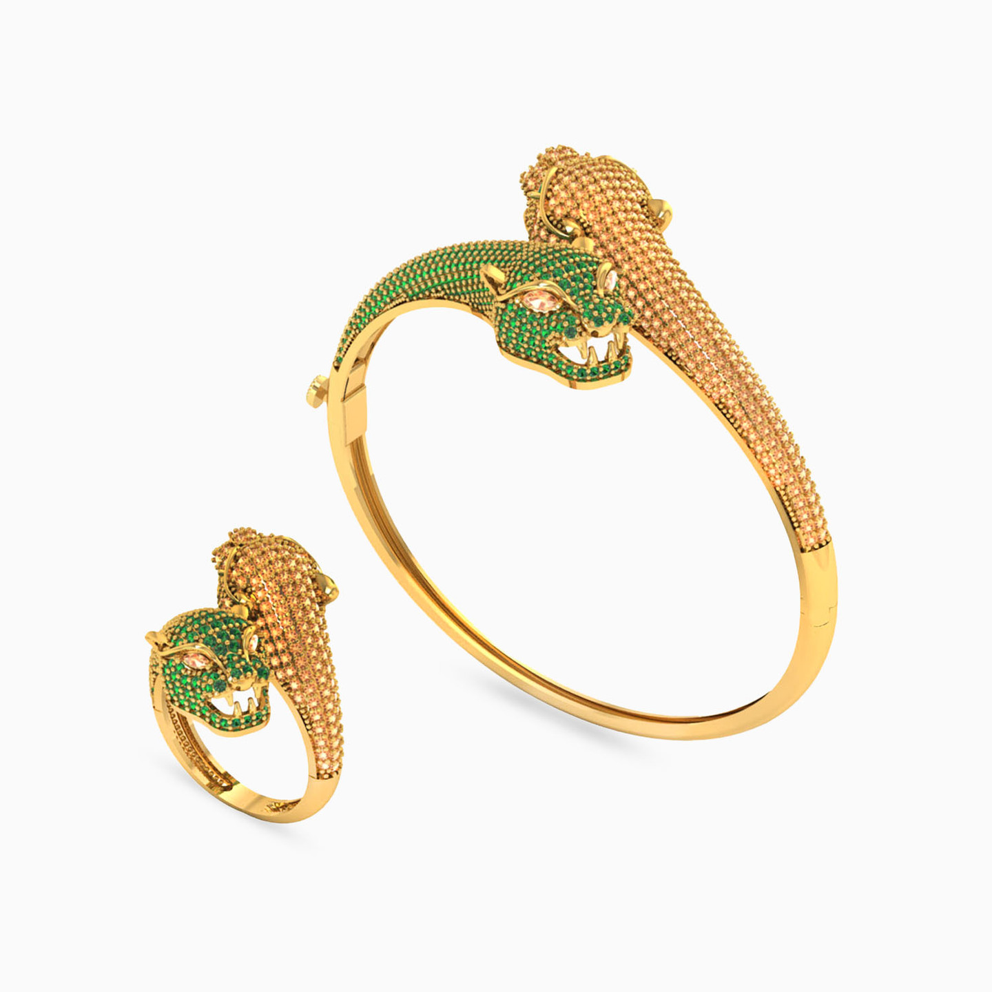 18K Gold Colored Stones Bangle & Ring Jewelry Set - 2 Pieces